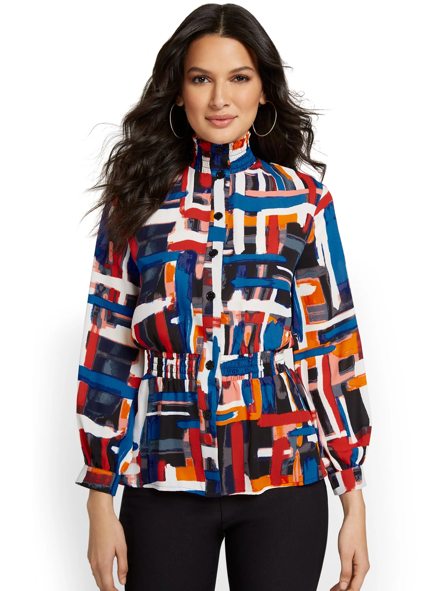 Geometric-Print Mock-Neck Button-Front Blouse - Image 2