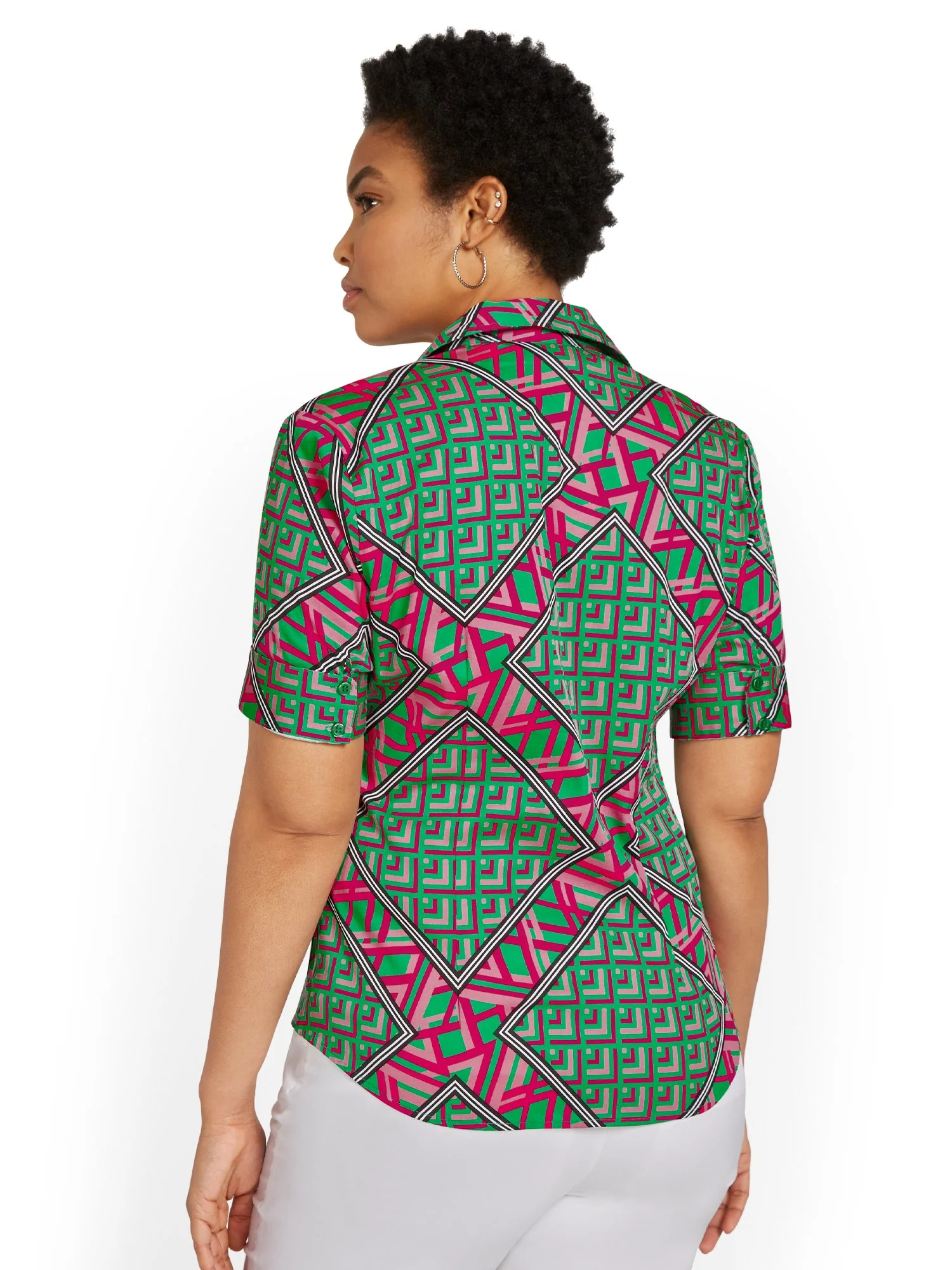 Geometric-Print Short-Sleeve Ruched Button-Front Secret Snap - NY&C Madison Shirt® - Image 3