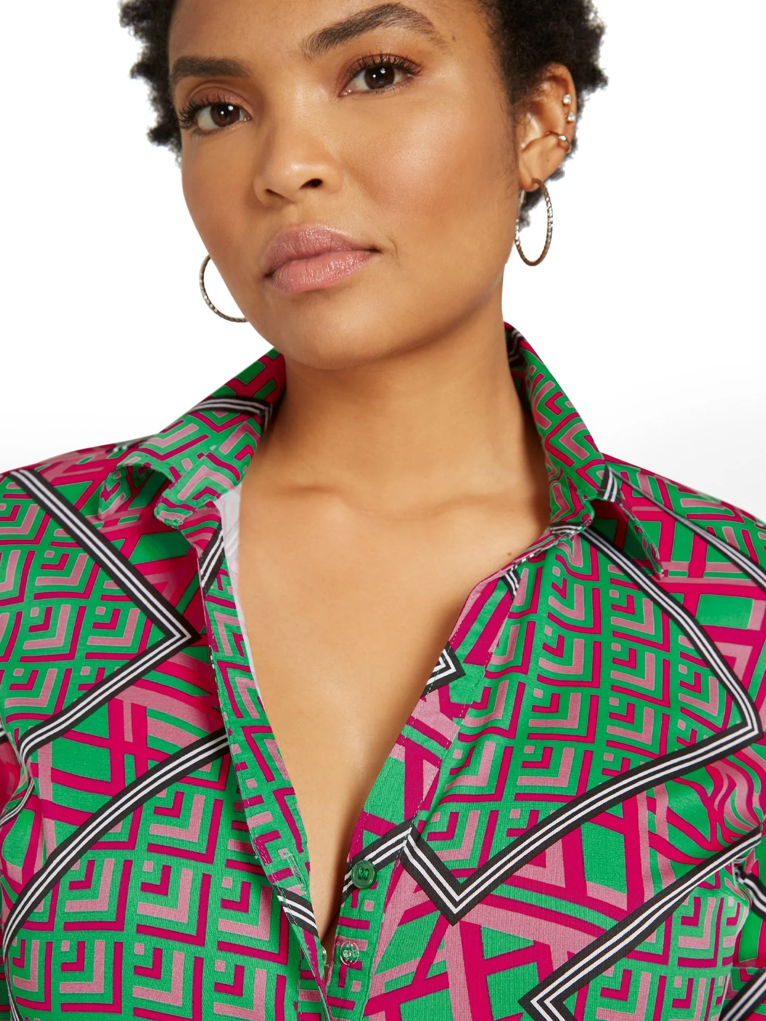 Geometric-Print Short-Sleeve Ruched Button-Front Secret Snap - NY&C Madison Shirt® - Image 4