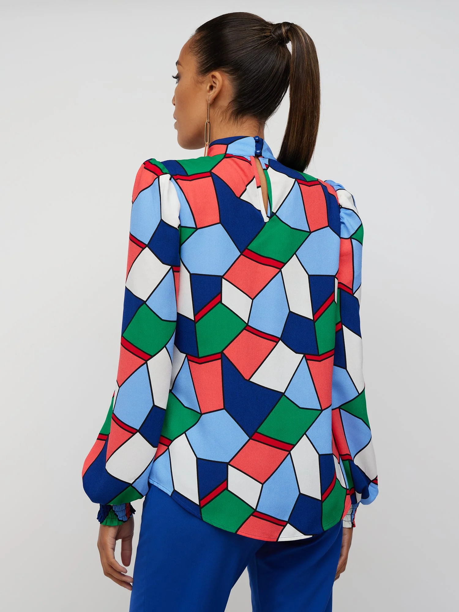 Geometric-Print Smock-Cuff Mock-Neck Blouse - Image 2