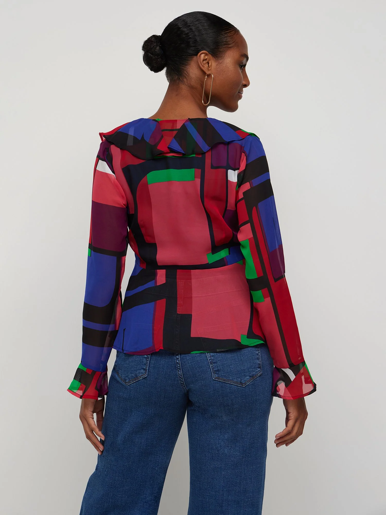 Geometric-Print Tie-Front Ruffle Blouse - Image 2