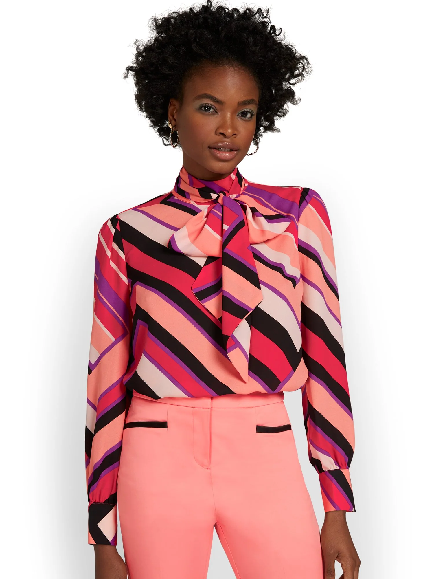 Geometric-Print Tie-Neck Blouse