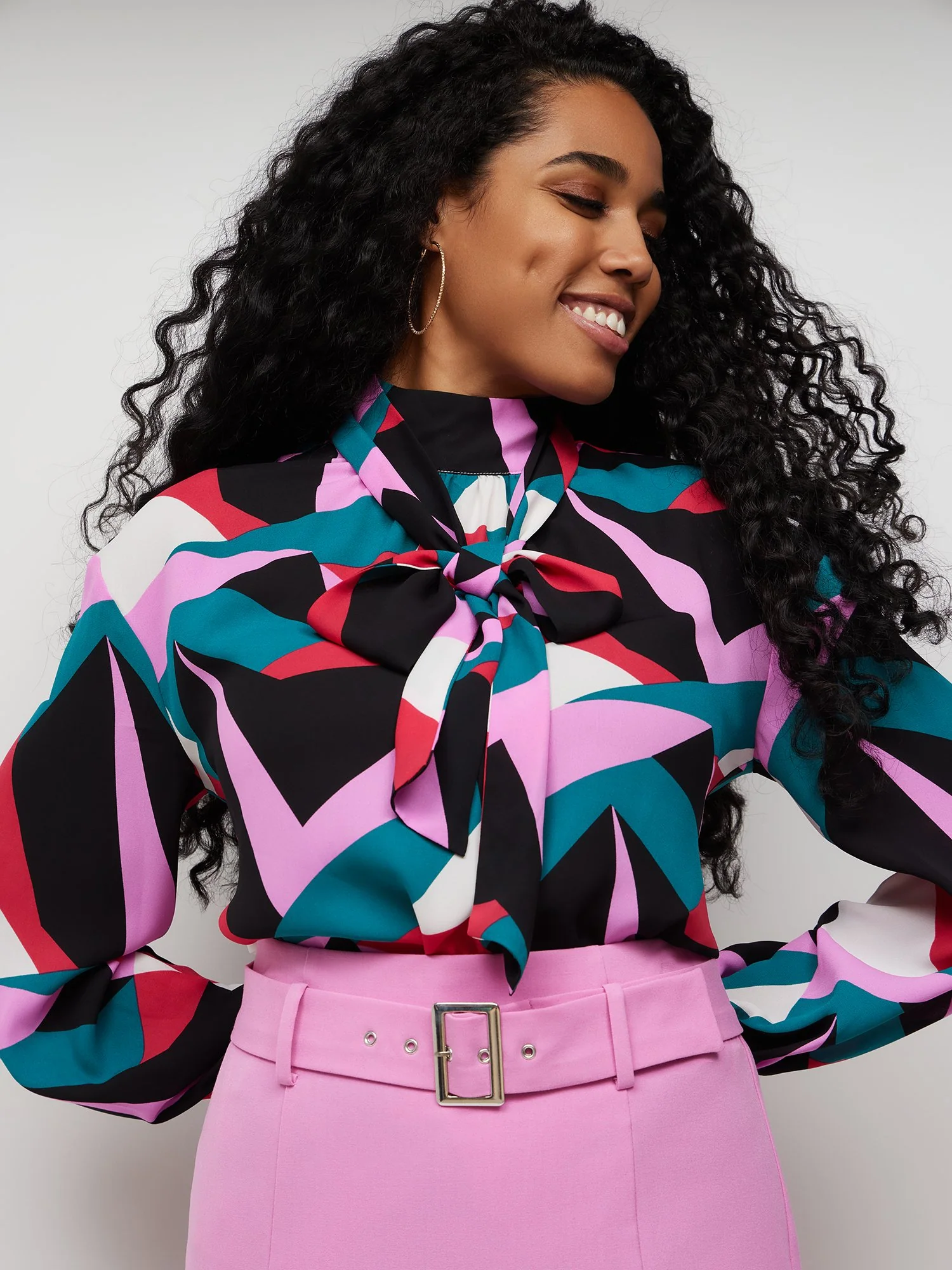 Geometric-Print Tie-Neck Blouse