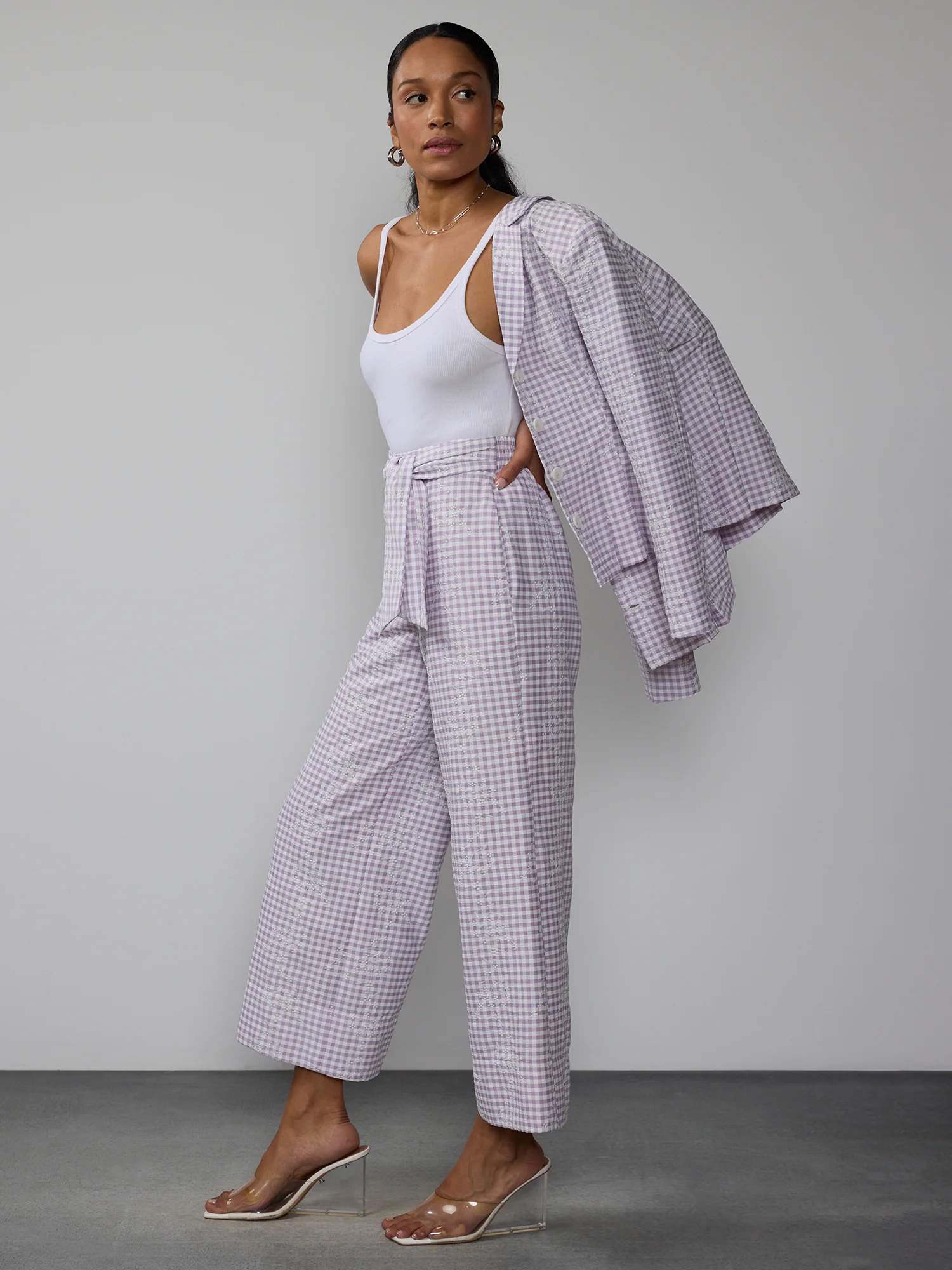 Embroidered Gingham Wide Leg Pants - Image 2