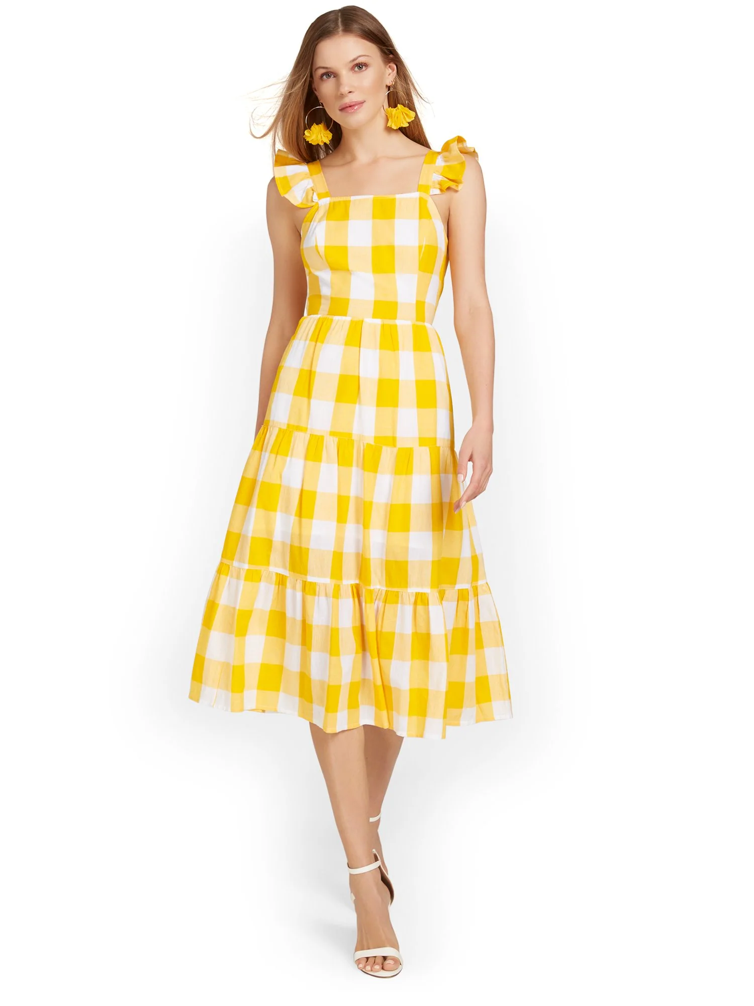 Gingham Flutter-Sleeve Midi Dress