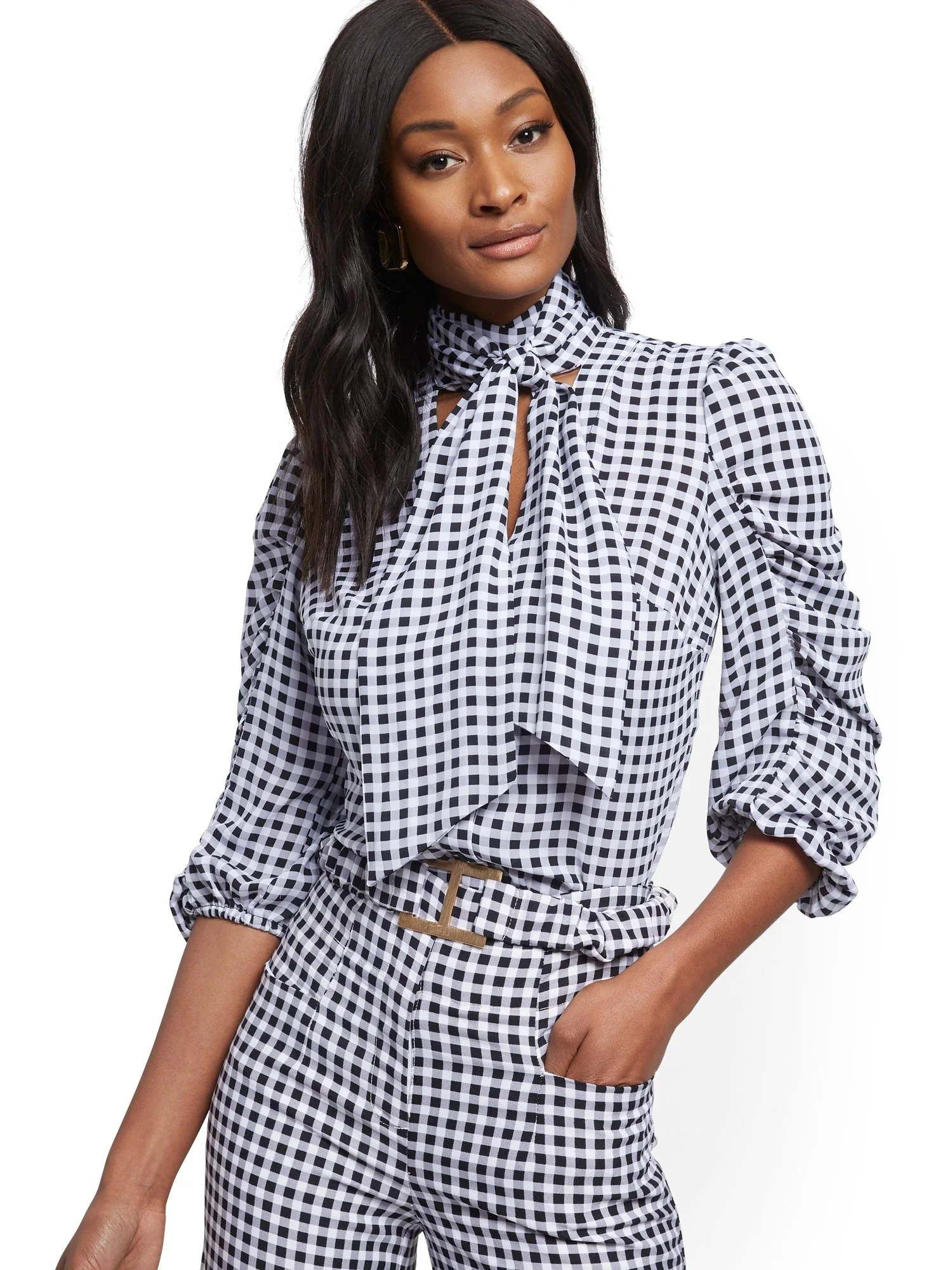Gingham Tie-Front Blouse - 7th Avenue - Image 2
