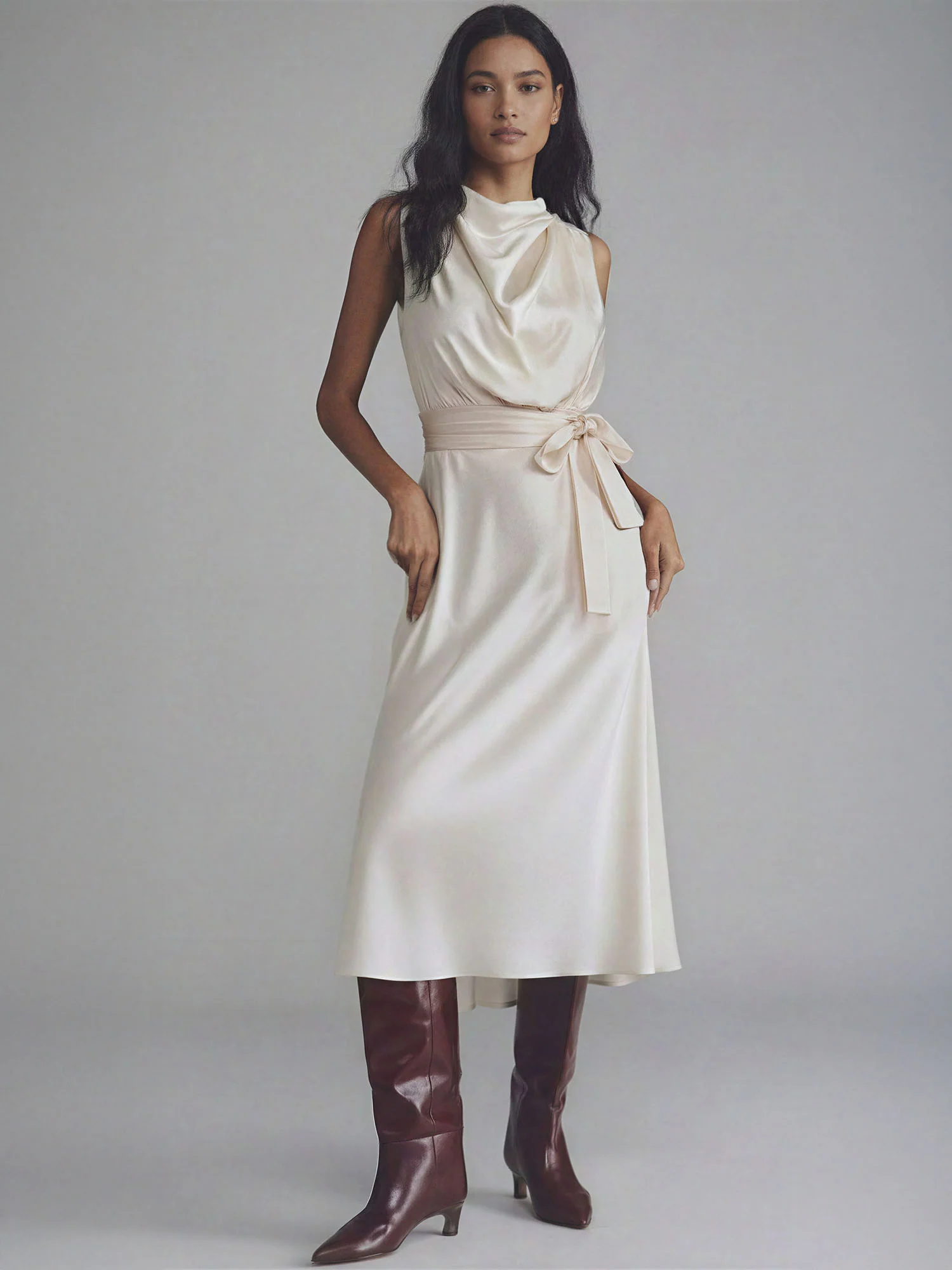 Cowl Neck Satin Midi Shift Dress - Image 17