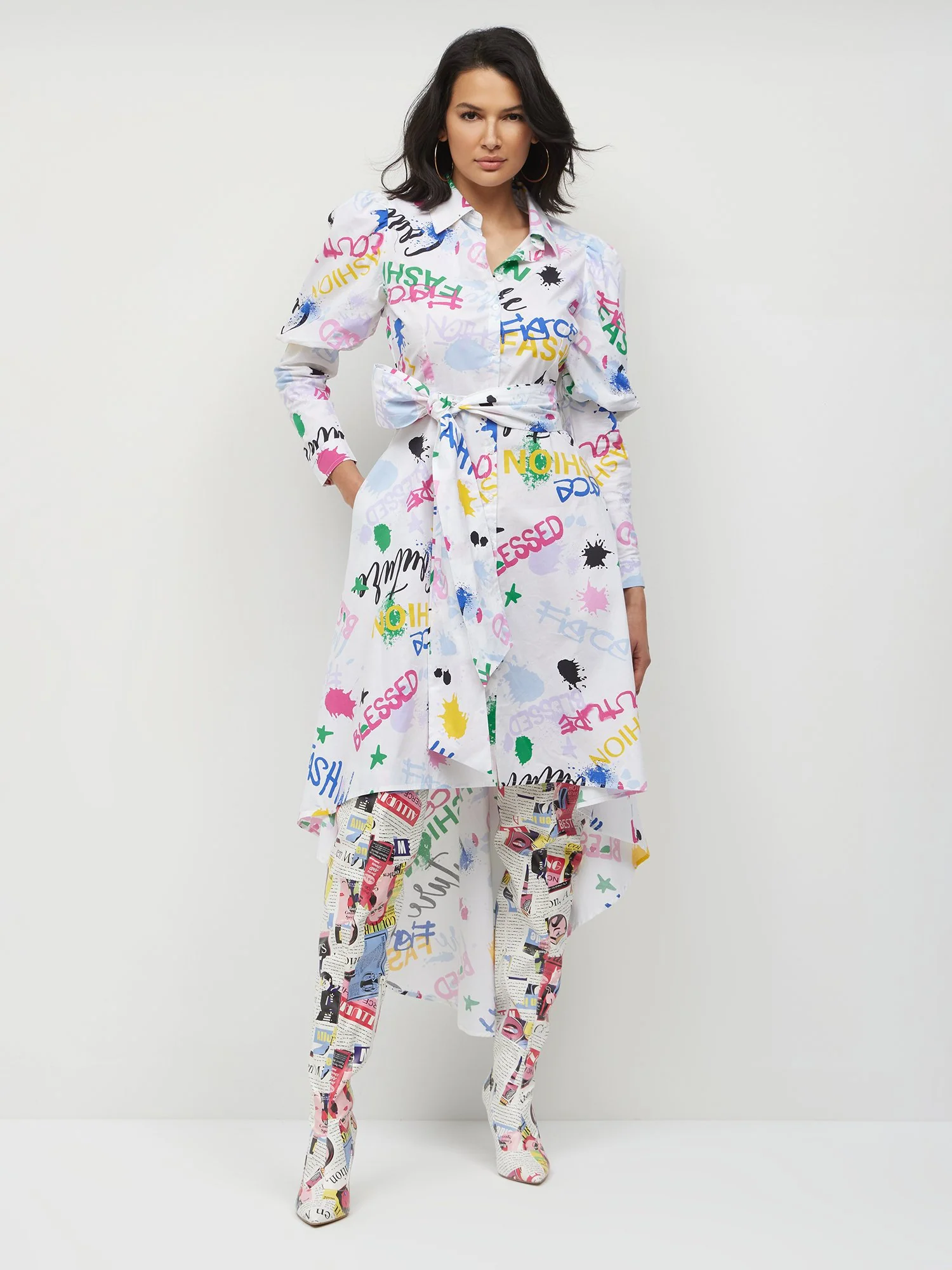 Graffiti-Print Button-Front Shirtdress