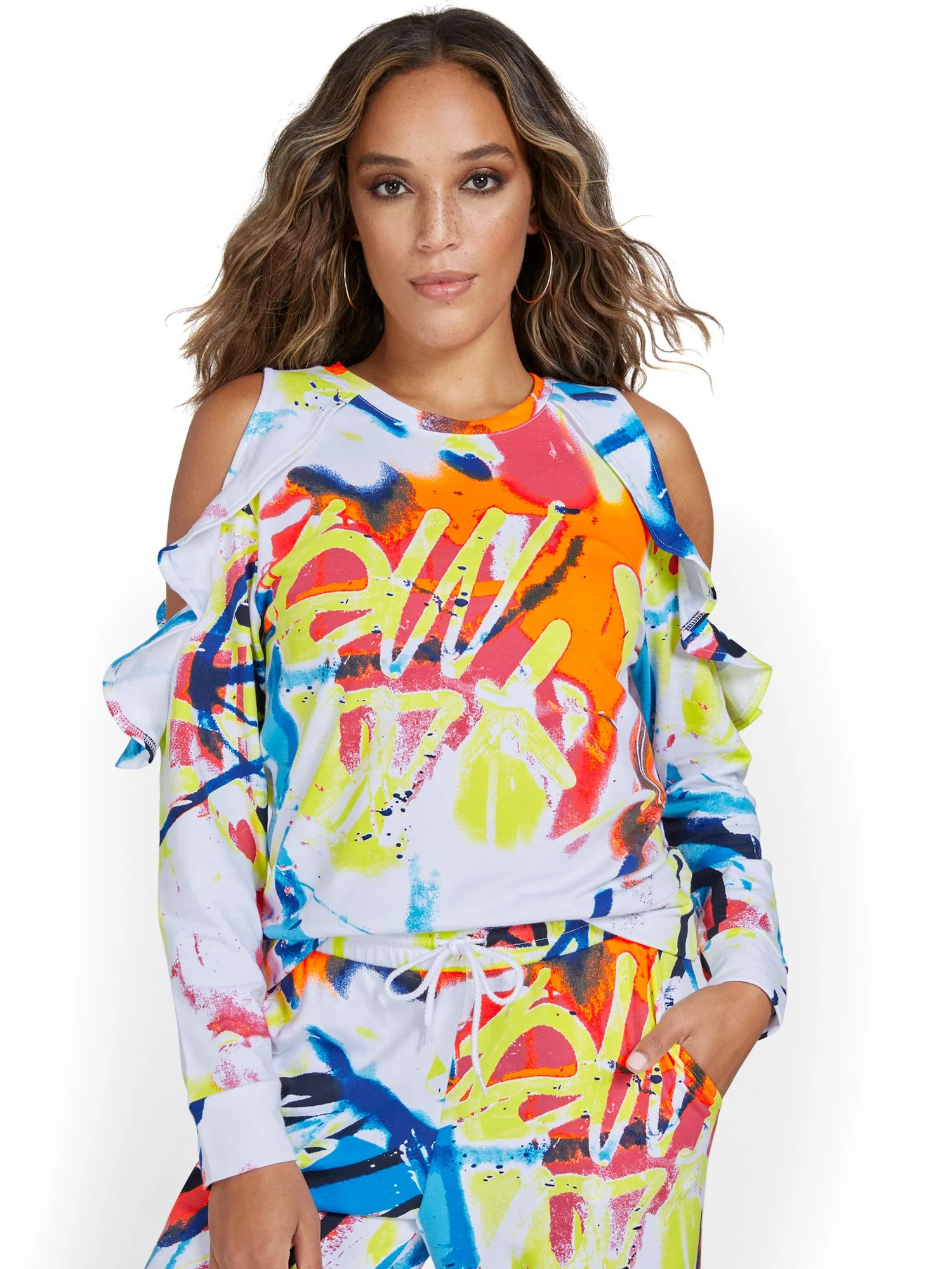 Graffiti-Print Cold-Shoulder Ruffle Pullover Top - Image 2