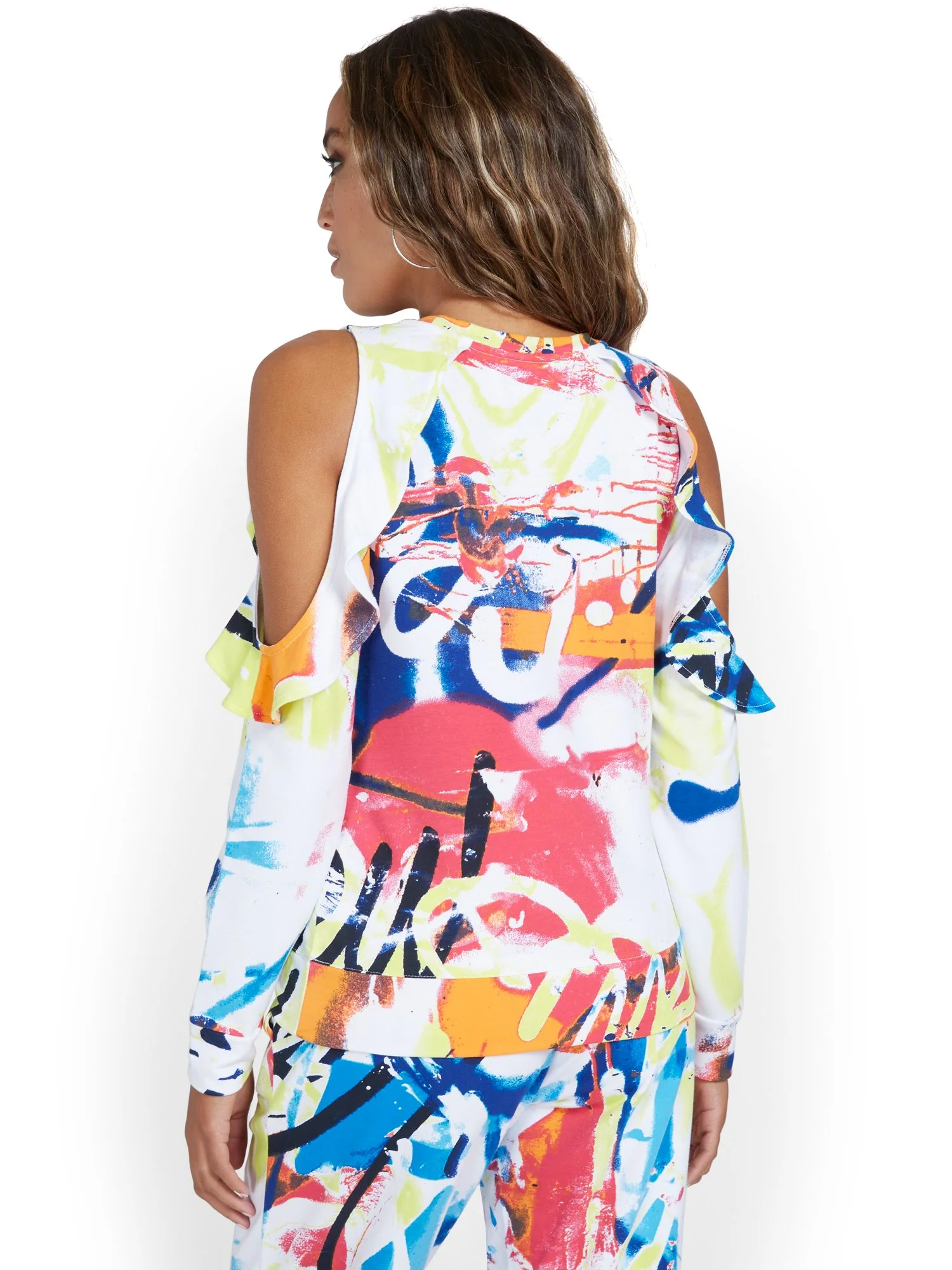 Graffiti-Print Cold-Shoulder Ruffle Pullover Top - Image 3