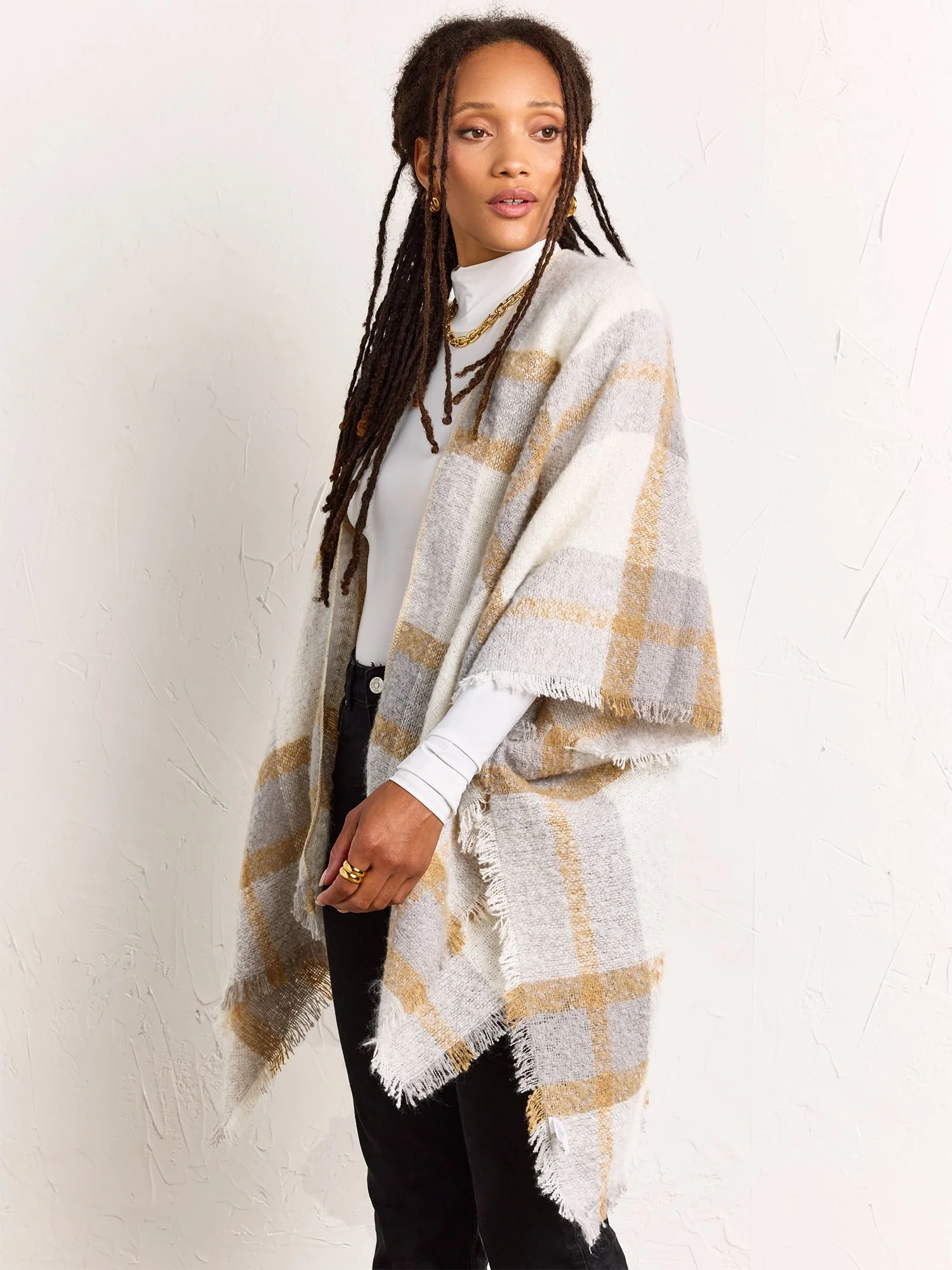 Gray & Ivory Plaid Fringe Wrap - Justin Taylor - Image 2