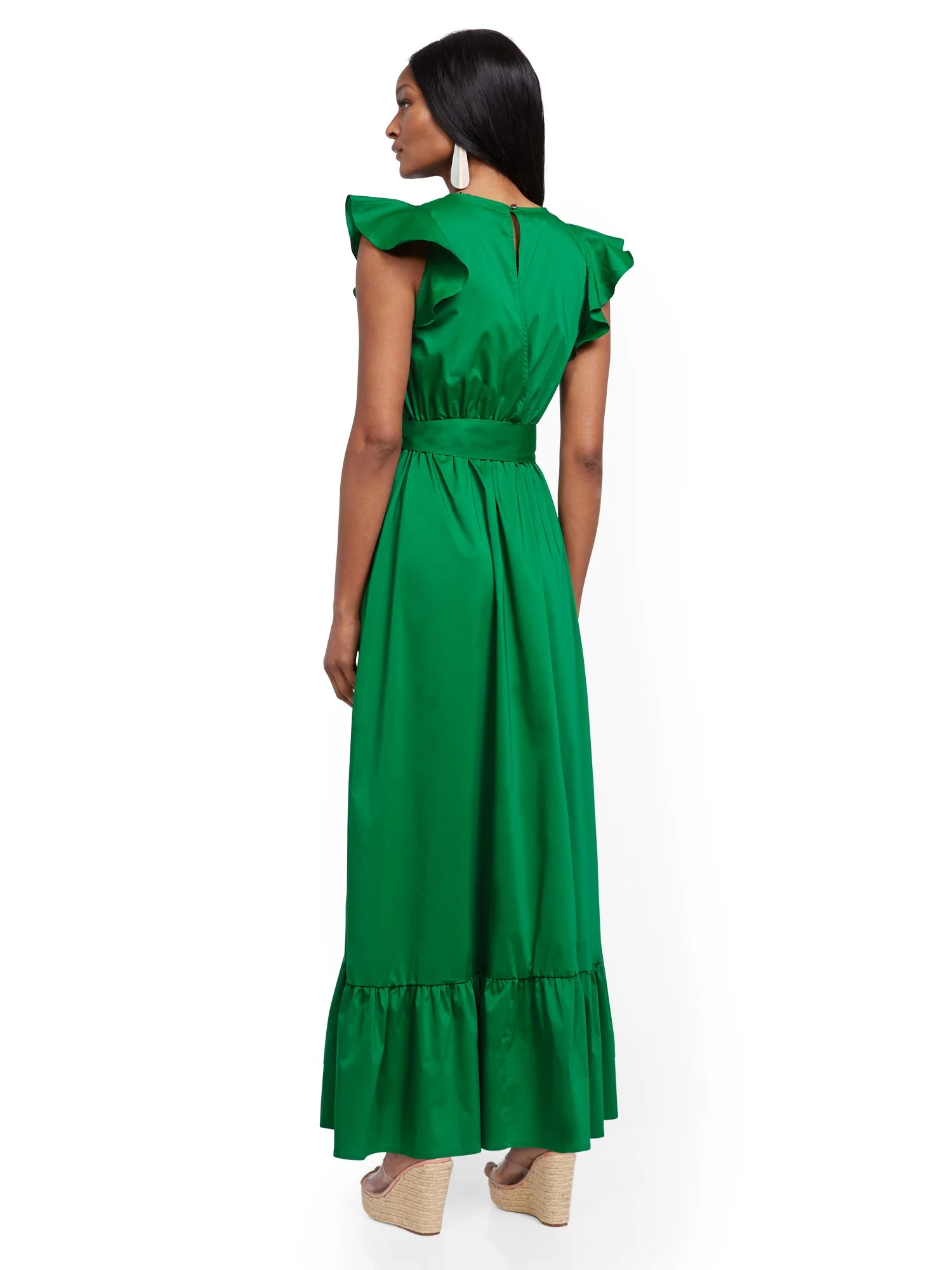 Green Ruffle-Sleeve Poplin Maxi Dress - Image 3