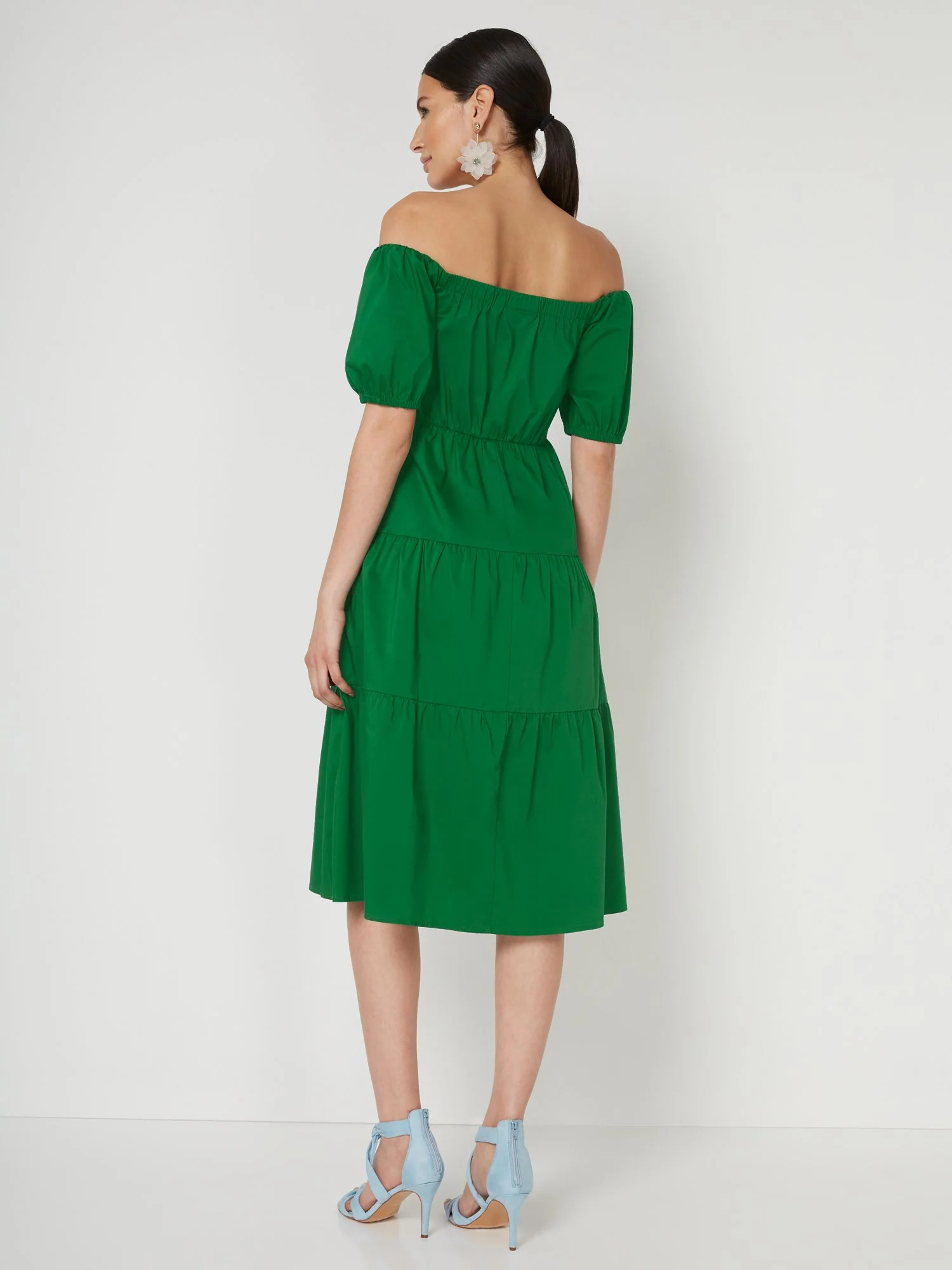 Green Tiered Poplin Off-The-Shoulder Midi Dress - Image 3