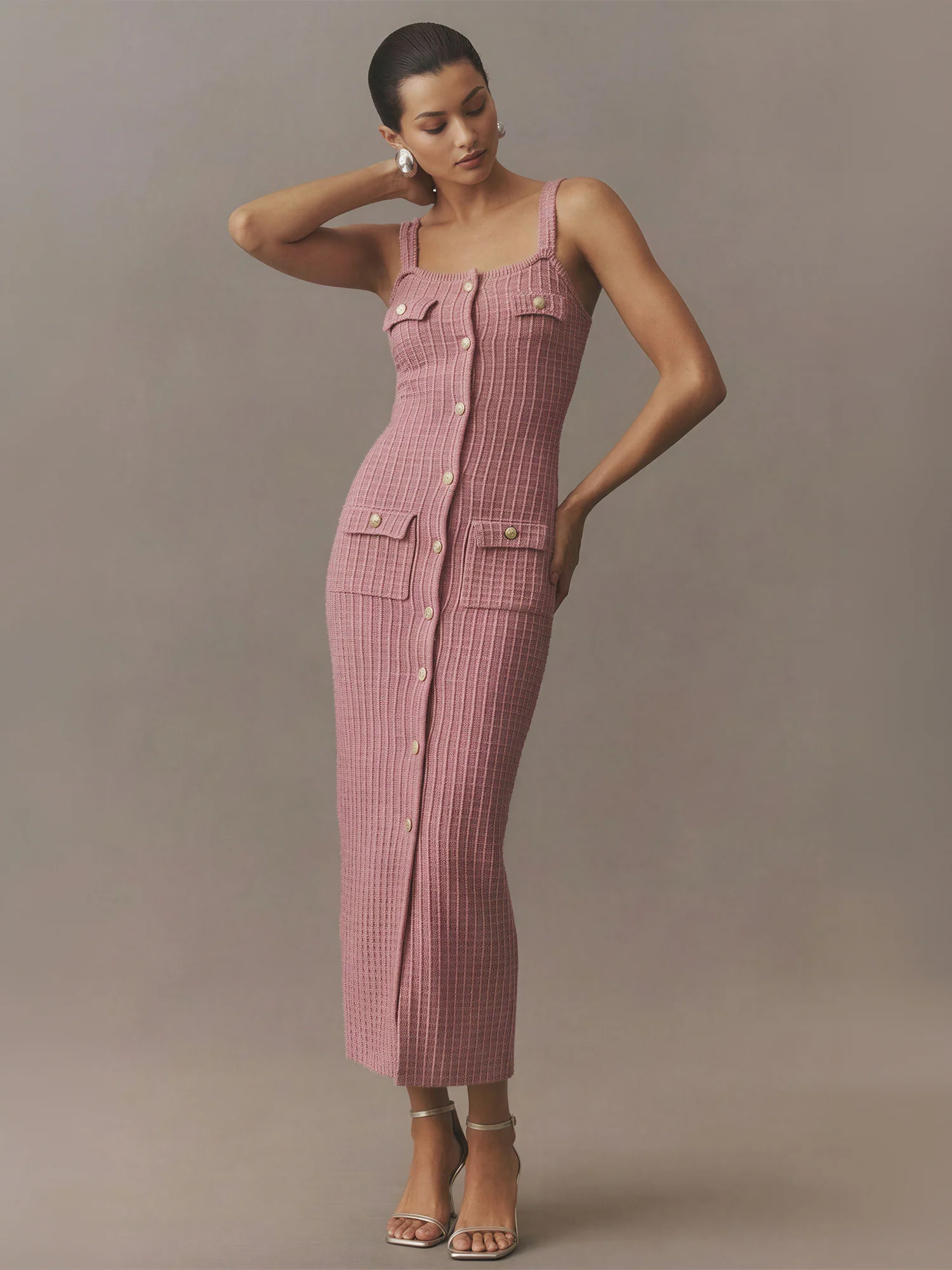Greta Bouclé Button Down Sheath Maxi Dress