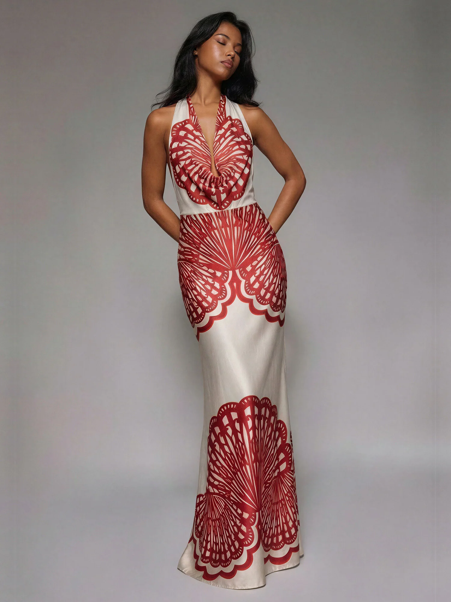 Halter Neck Cowl Shell Print Satin Gown