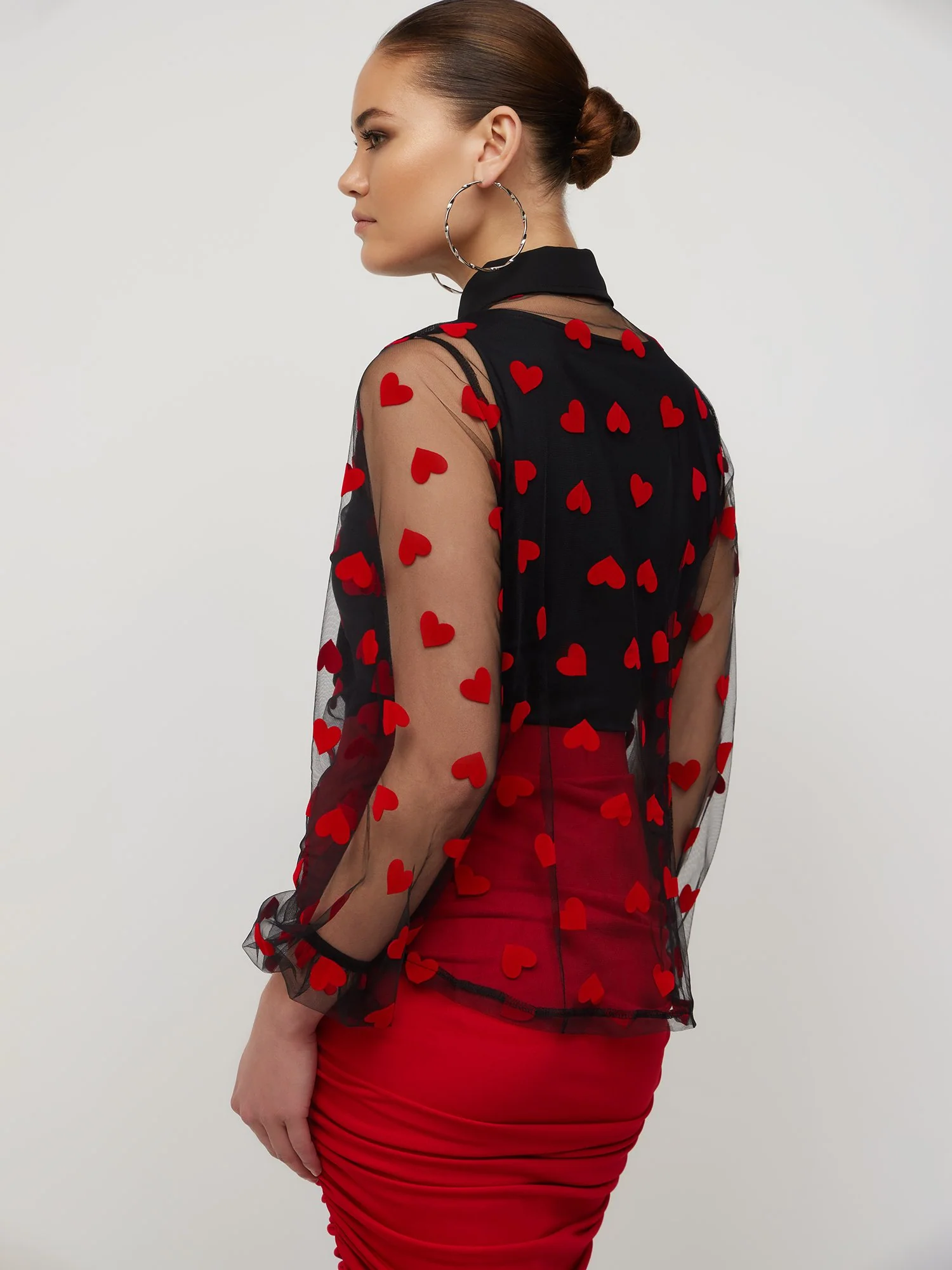 Heart-Print Mesh Bow-Neck Blouse - Image 2