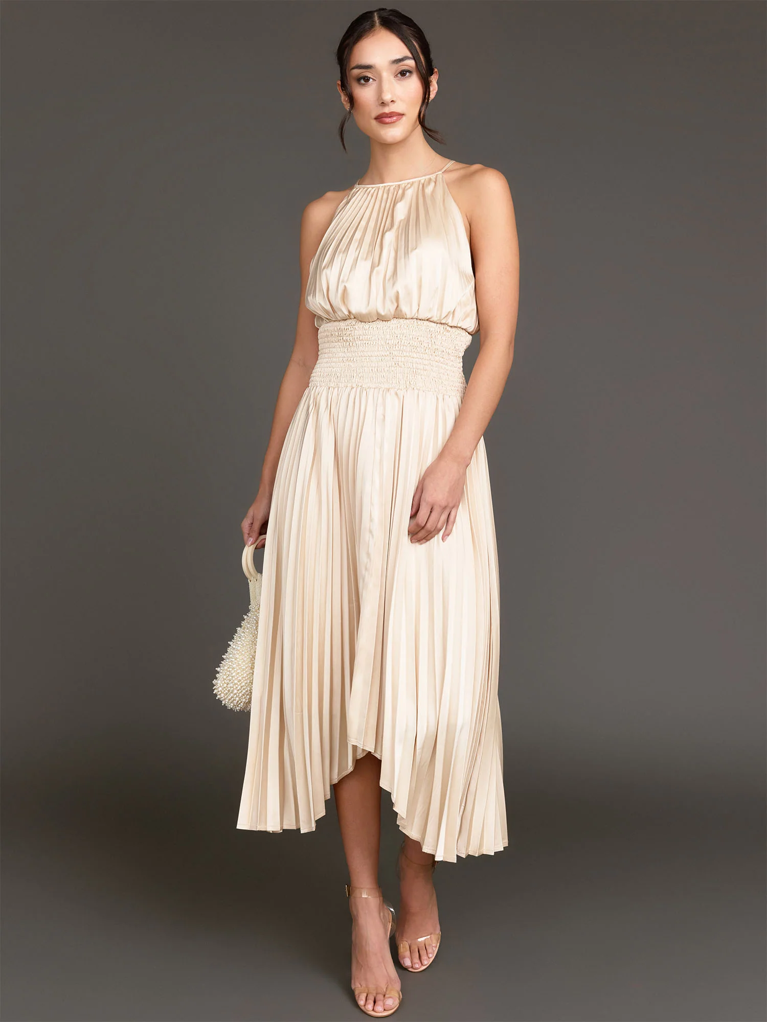 High Neck Asymmetric Pleated Midi-Dress - Lena - Image 2