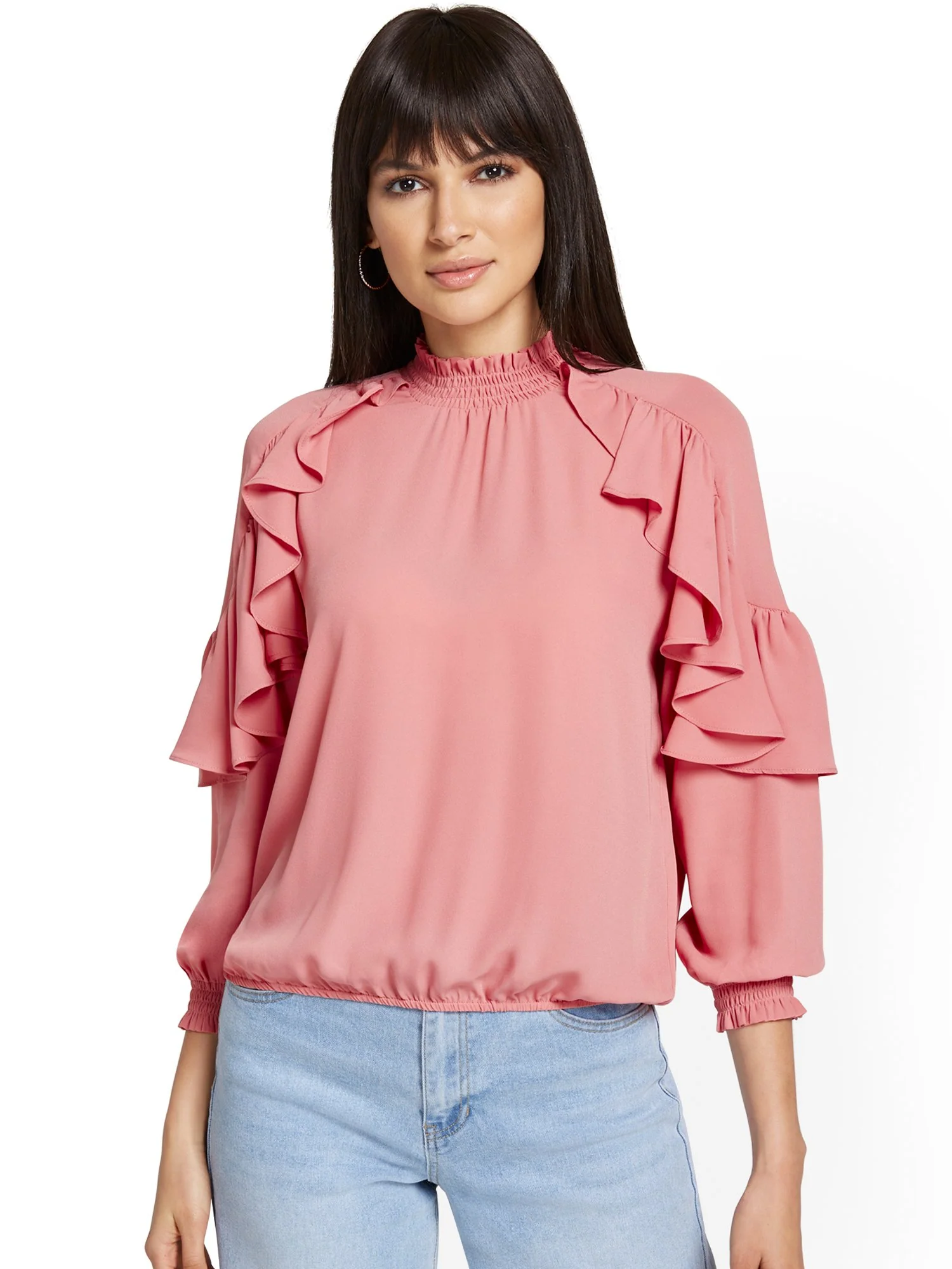 High-Neck Ruffle-Sleeve Blouse - Image 2