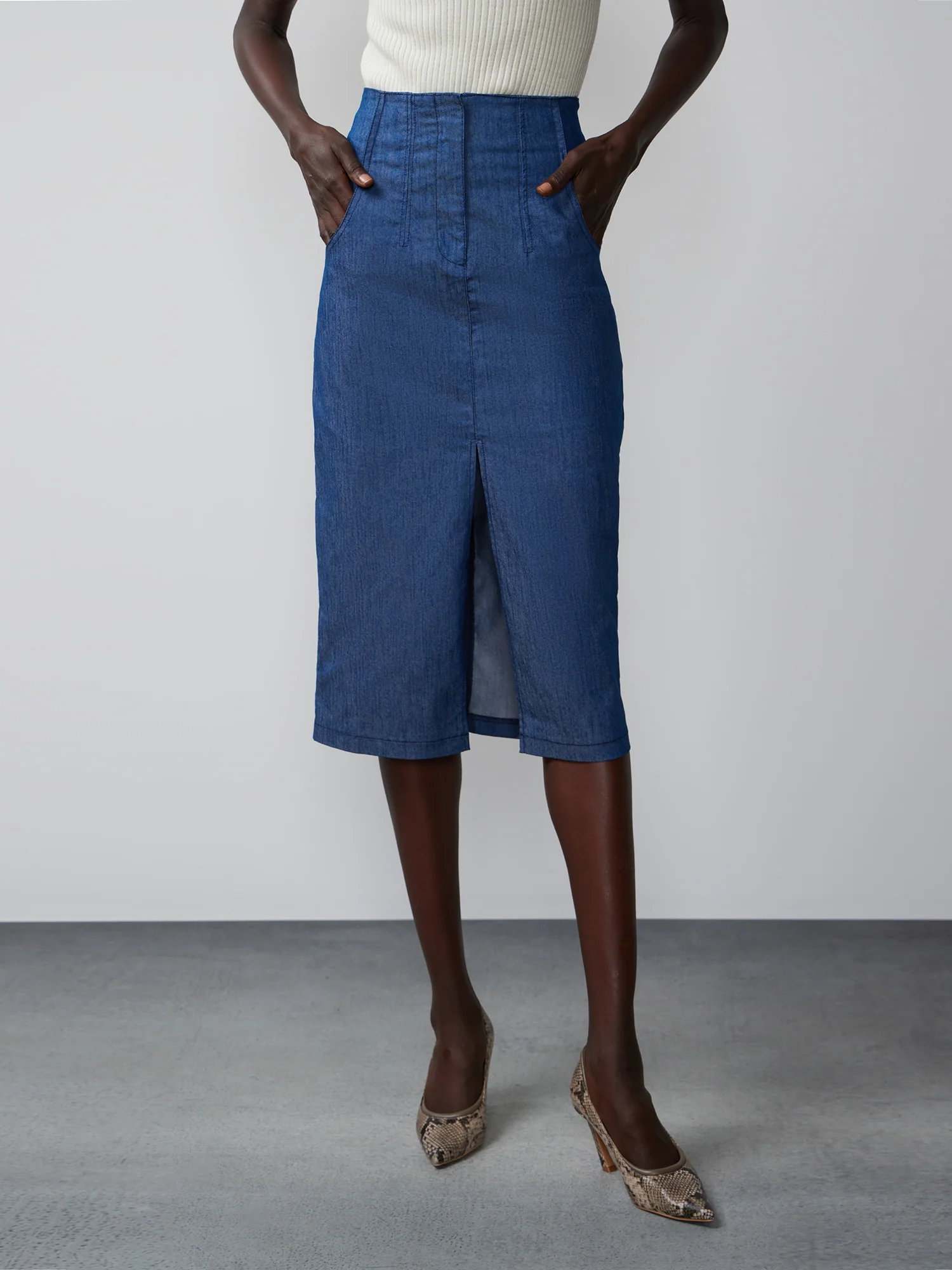 High Rise Front Slit Seamed Skirt