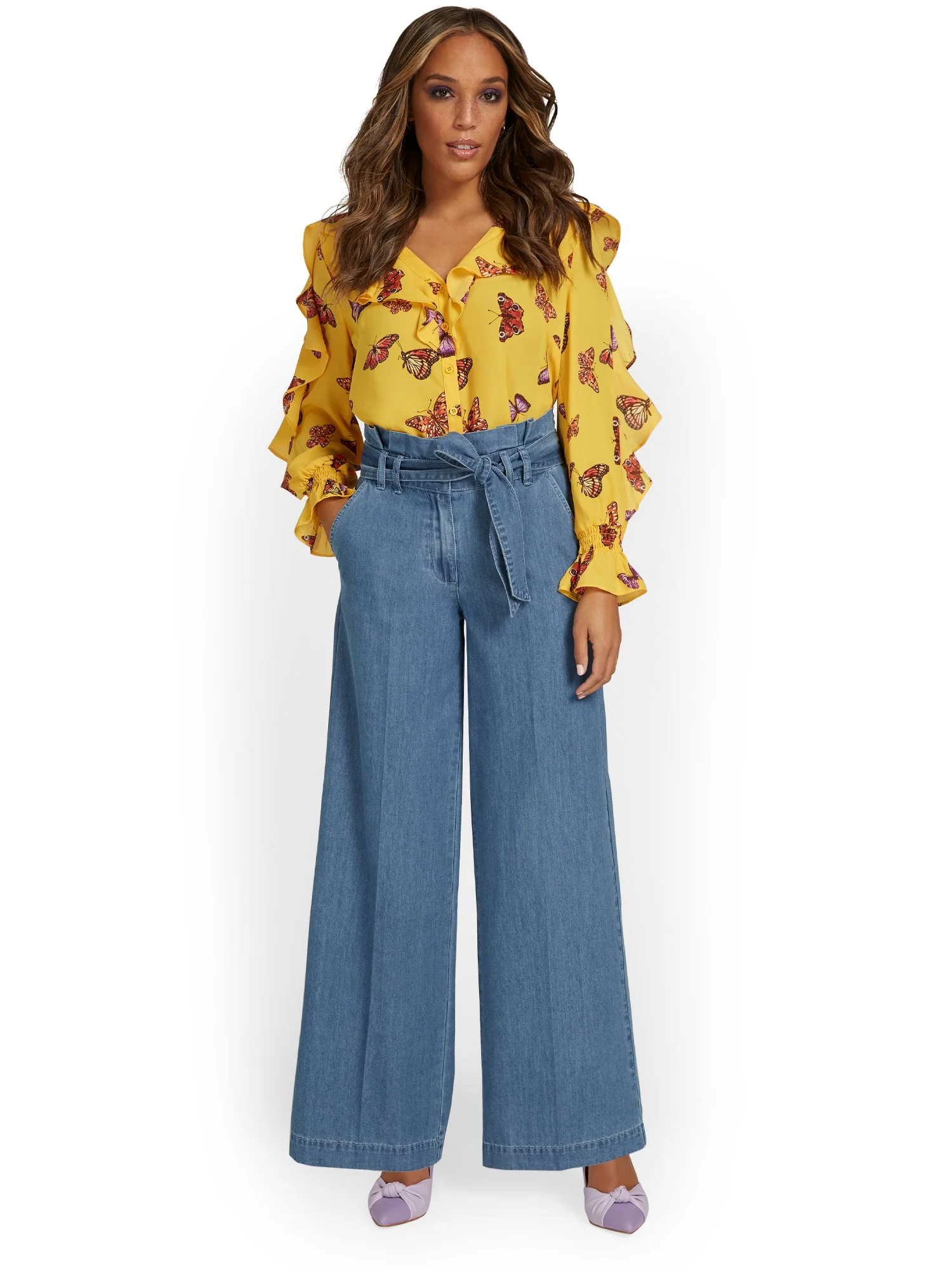 High-Waisted Chambray Wide-Leg Pant - Light Wash - Image 4