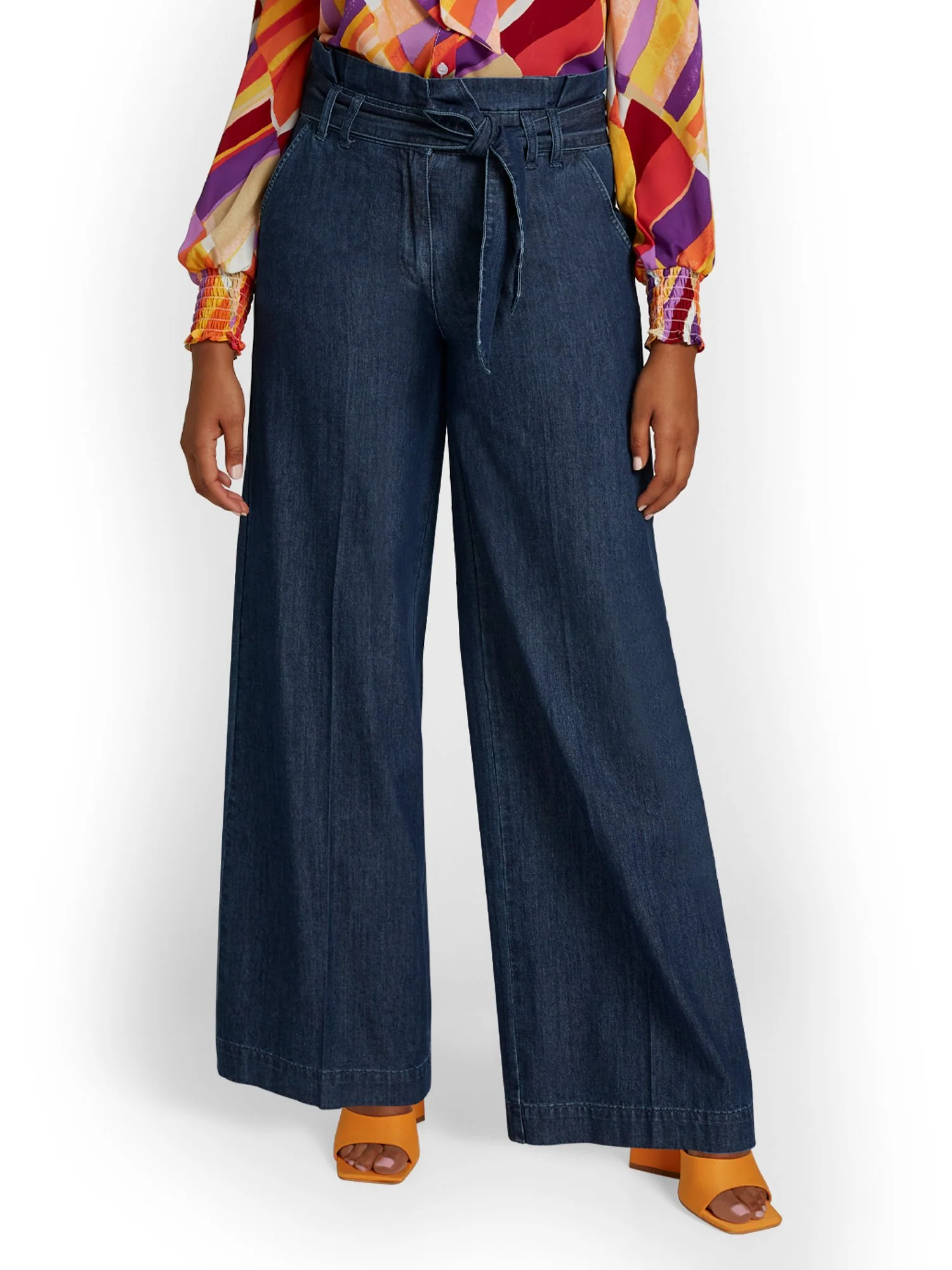 High-Waisted Chambray Wide-Leg Pant - Medium Blue Wash