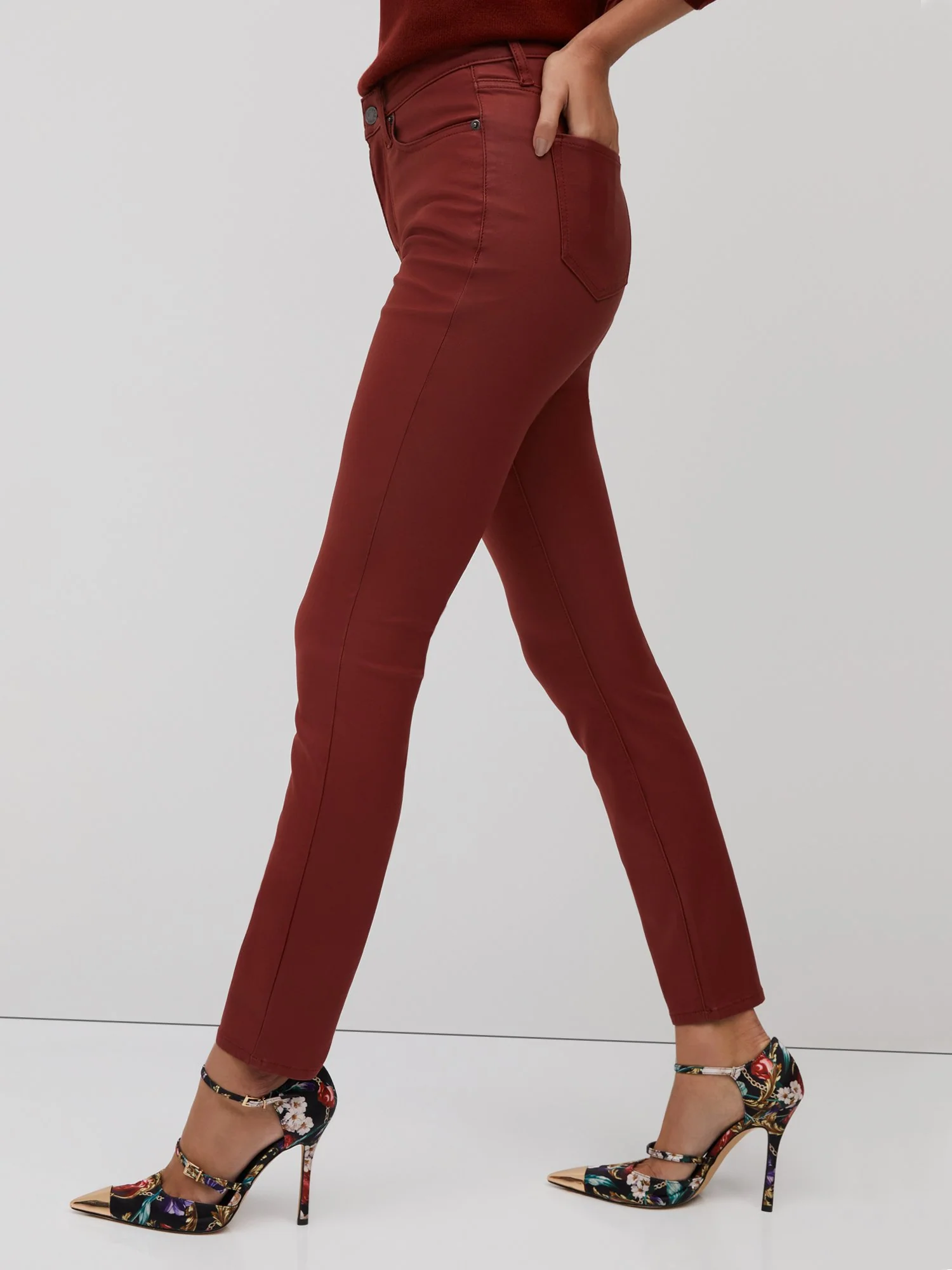 High-Waisted Coated Super-Skinny Jeans - Red - Image 4