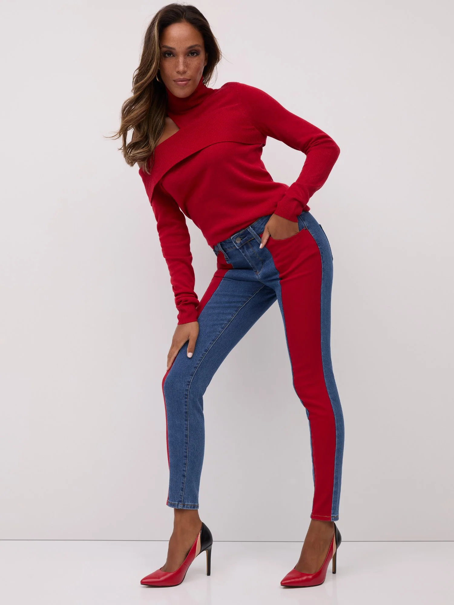 High-Waisted Colorblock Super-Skinny Jeans - Red - Image 2