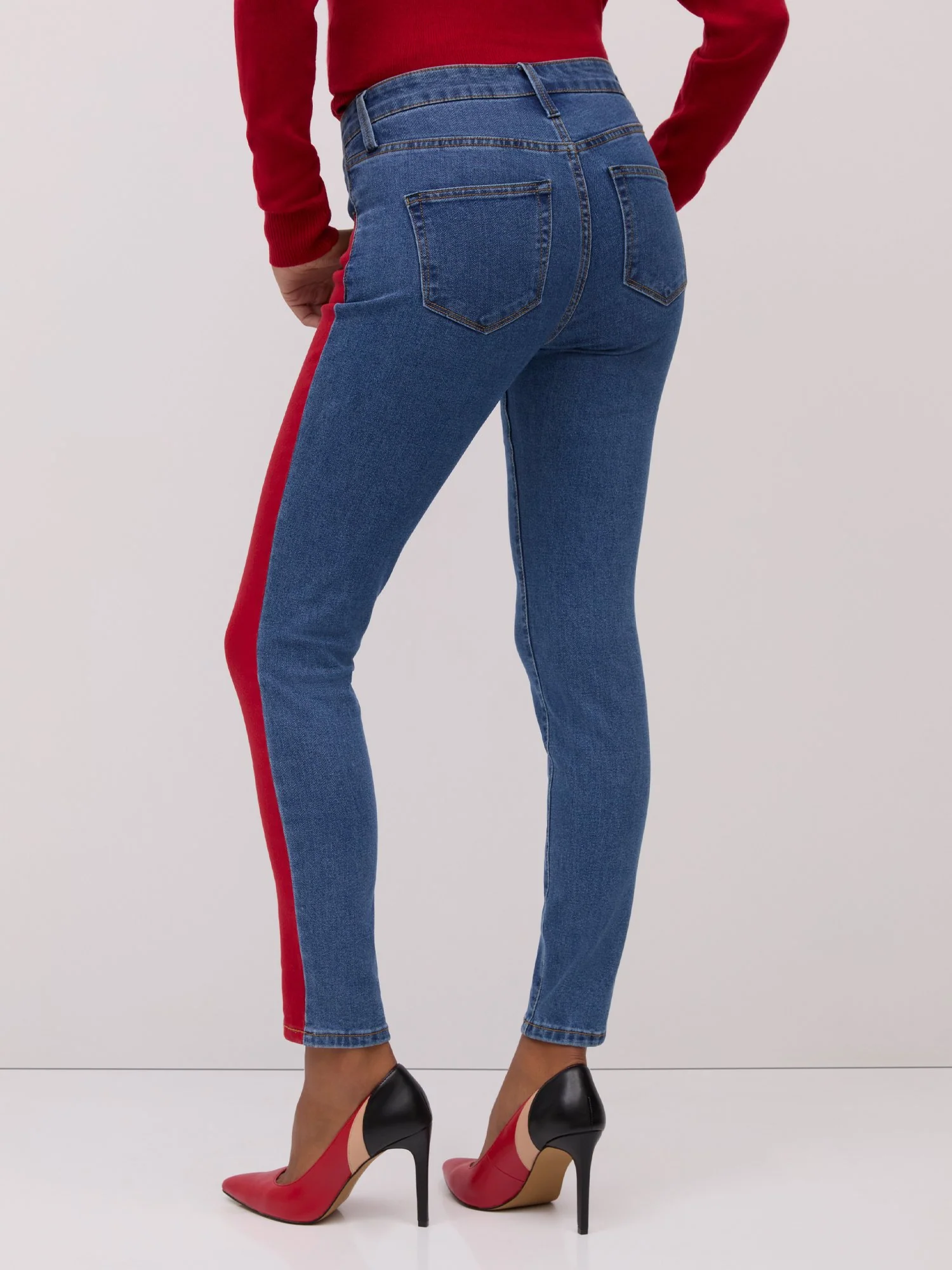 High-Waisted Colorblock Super-Skinny Jeans - Red - Image 3