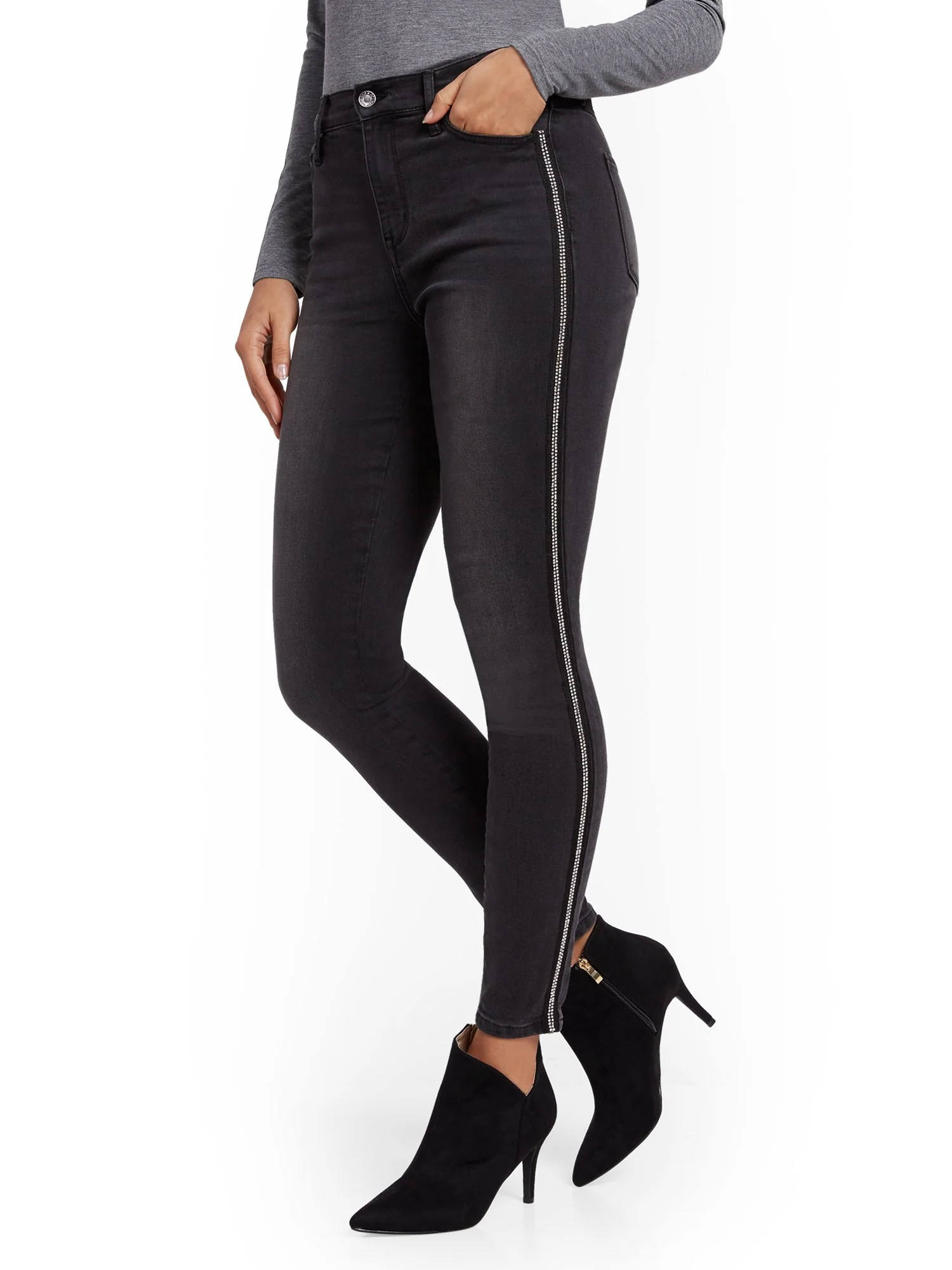 High-Waisted Curvy Super-Skinny Jeans -Jeweled Trim - Image 5