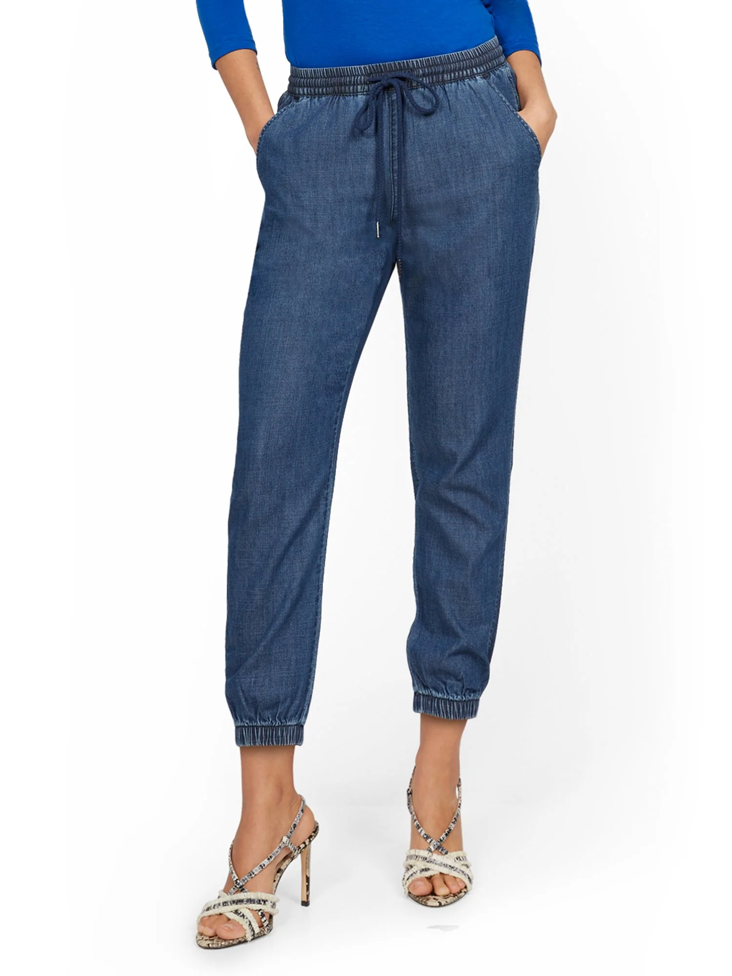 High-Waisted Denim Drawstring Jogger Pant - Dark Blue Wash - Image 2