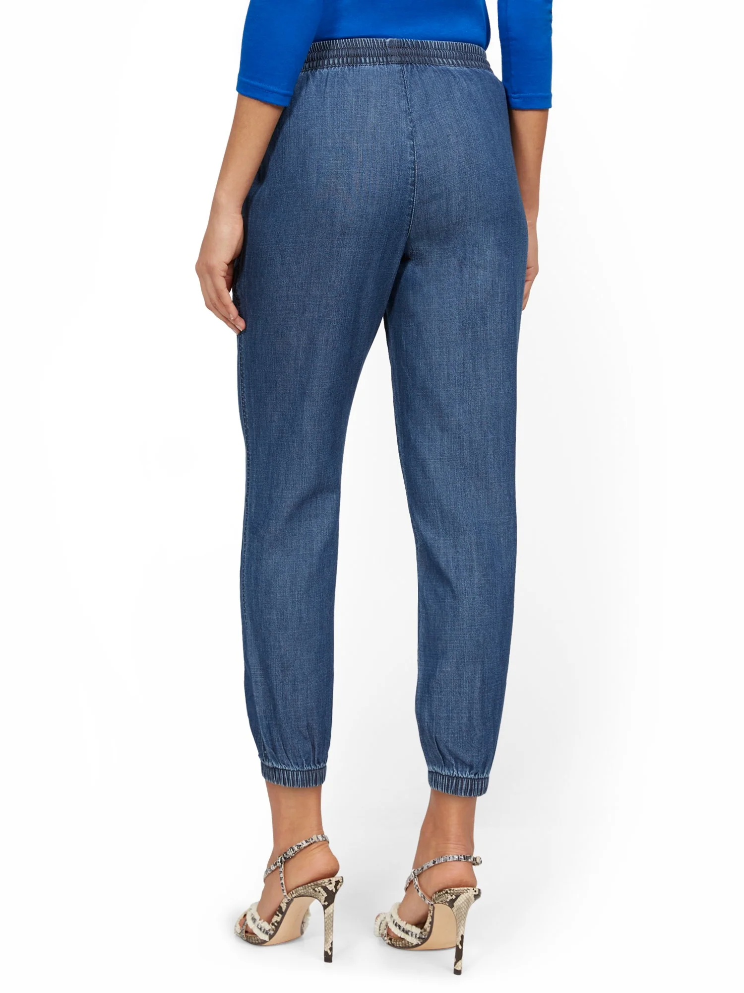 High-Waisted Denim Drawstring Jogger Pant - Dark Blue Wash - Image 3