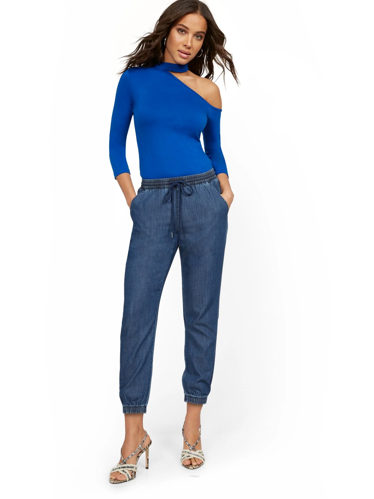 High-Waisted Denim Drawstring Jogger Pant - Dark Blue Wash - Image 4