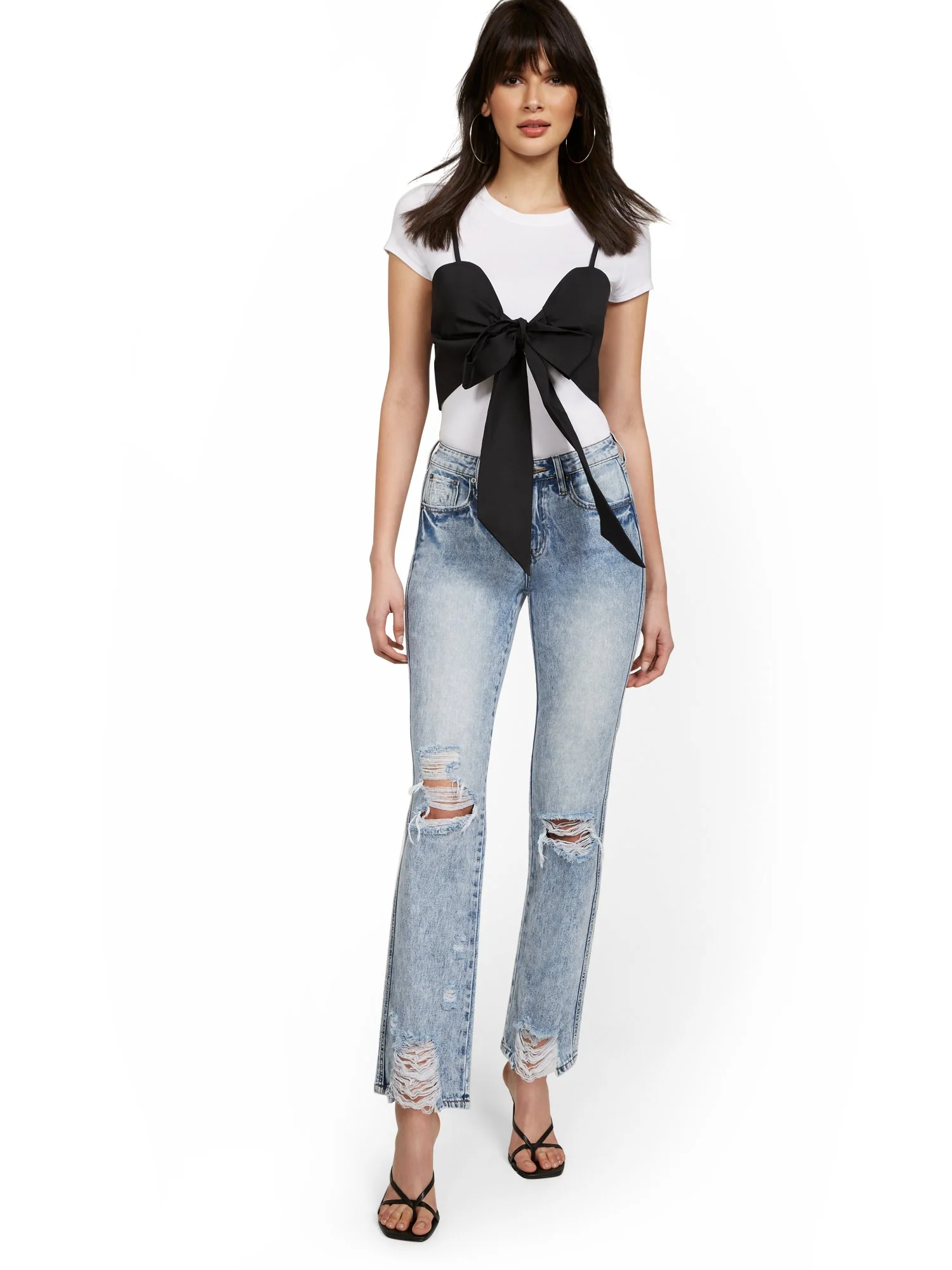 High-Waisted Distressed Bootcut Ankle Jeans - Light Acid Wash - Image 4