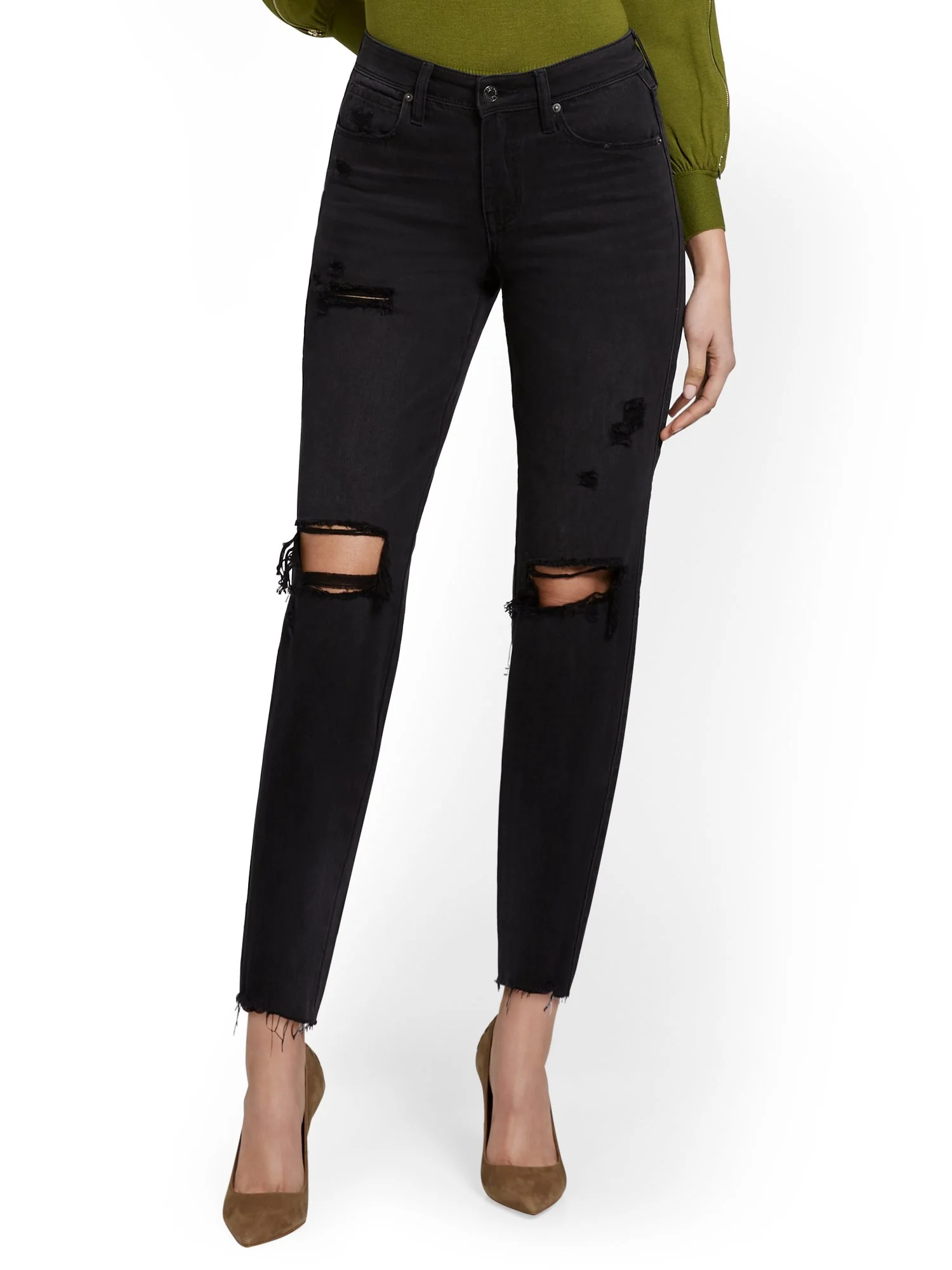High-Waisted Distressed Dream Boyfriend Ankle Jeans - Black - Image 2