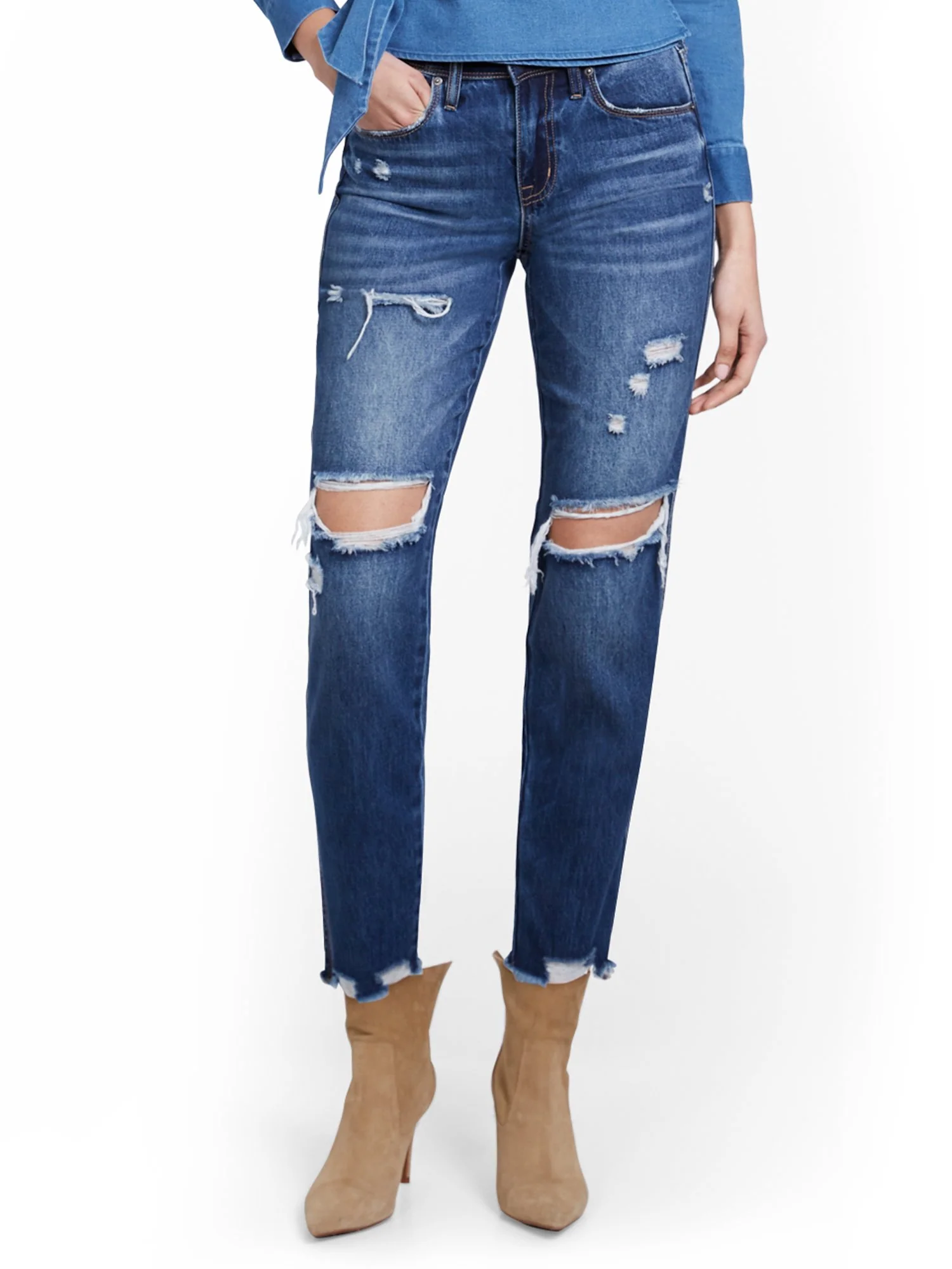 High-Waisted Distressed Dream Boyfriend Ankle Jeans - Dark Wash - Image 2