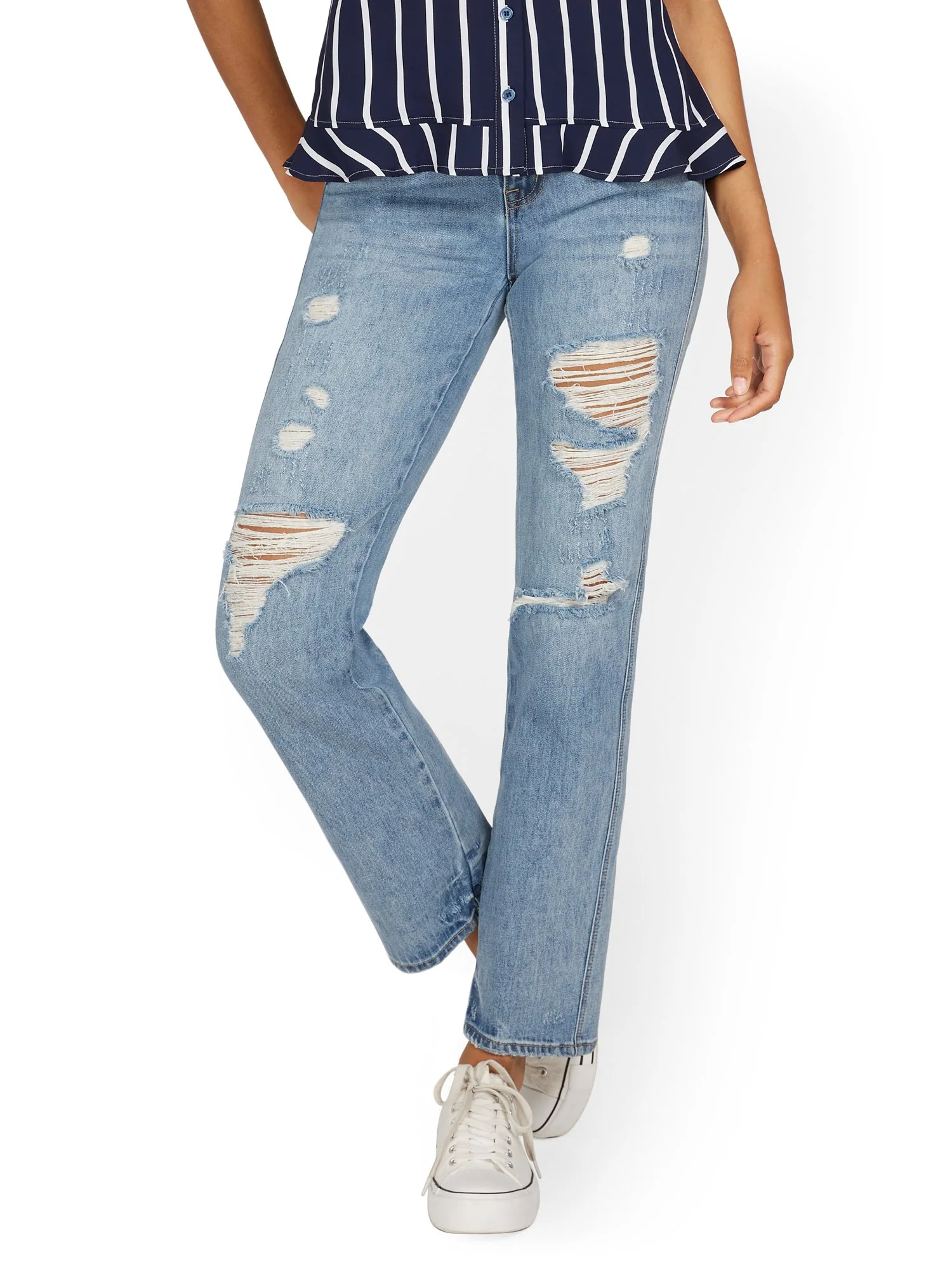High-Waisted Distressed Relaxed Straight Jeans - Medium Blue Wash - Image 2