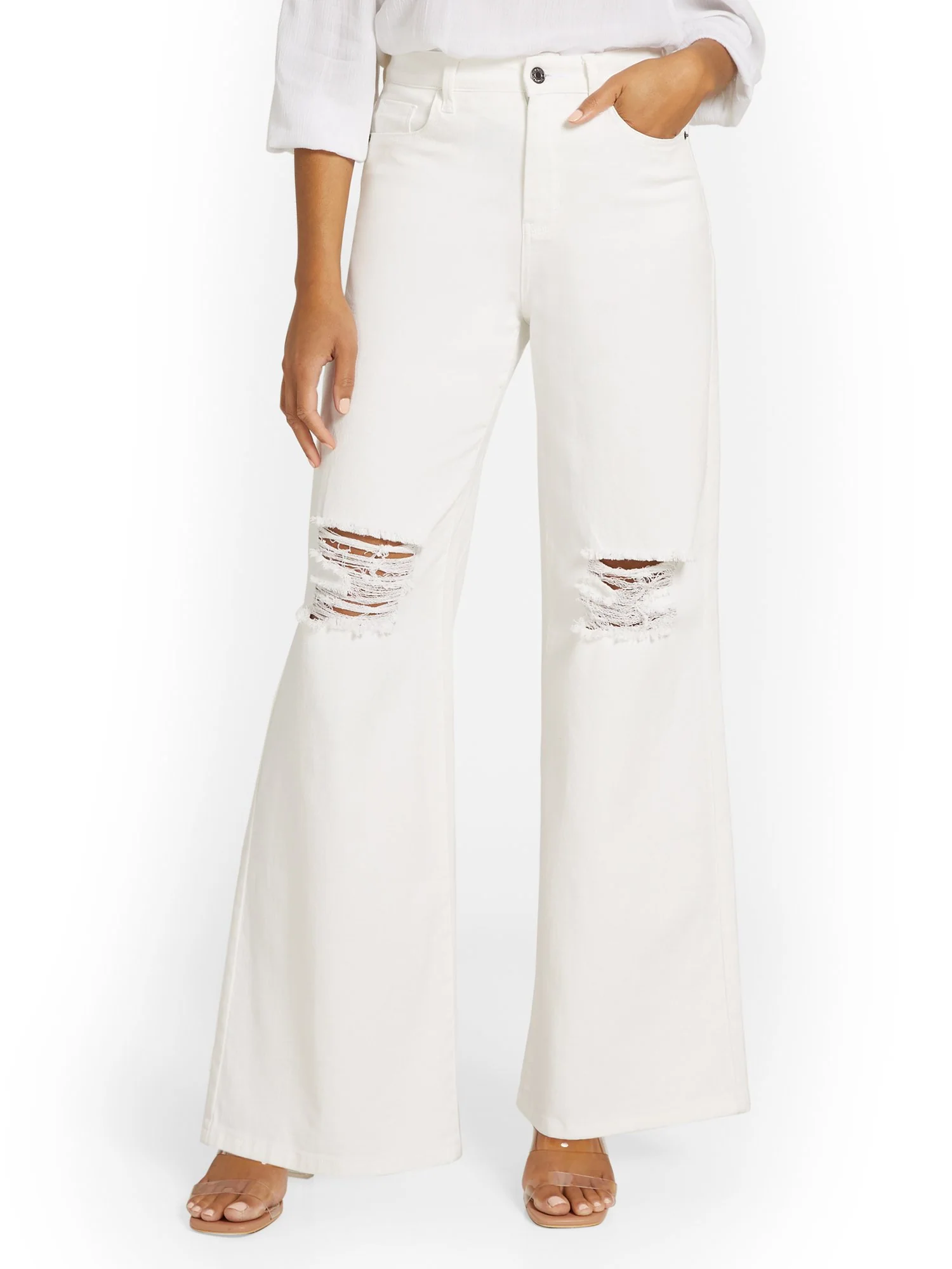 High-Waisted Distressed Wide-Leg Jeans - White - Image 2