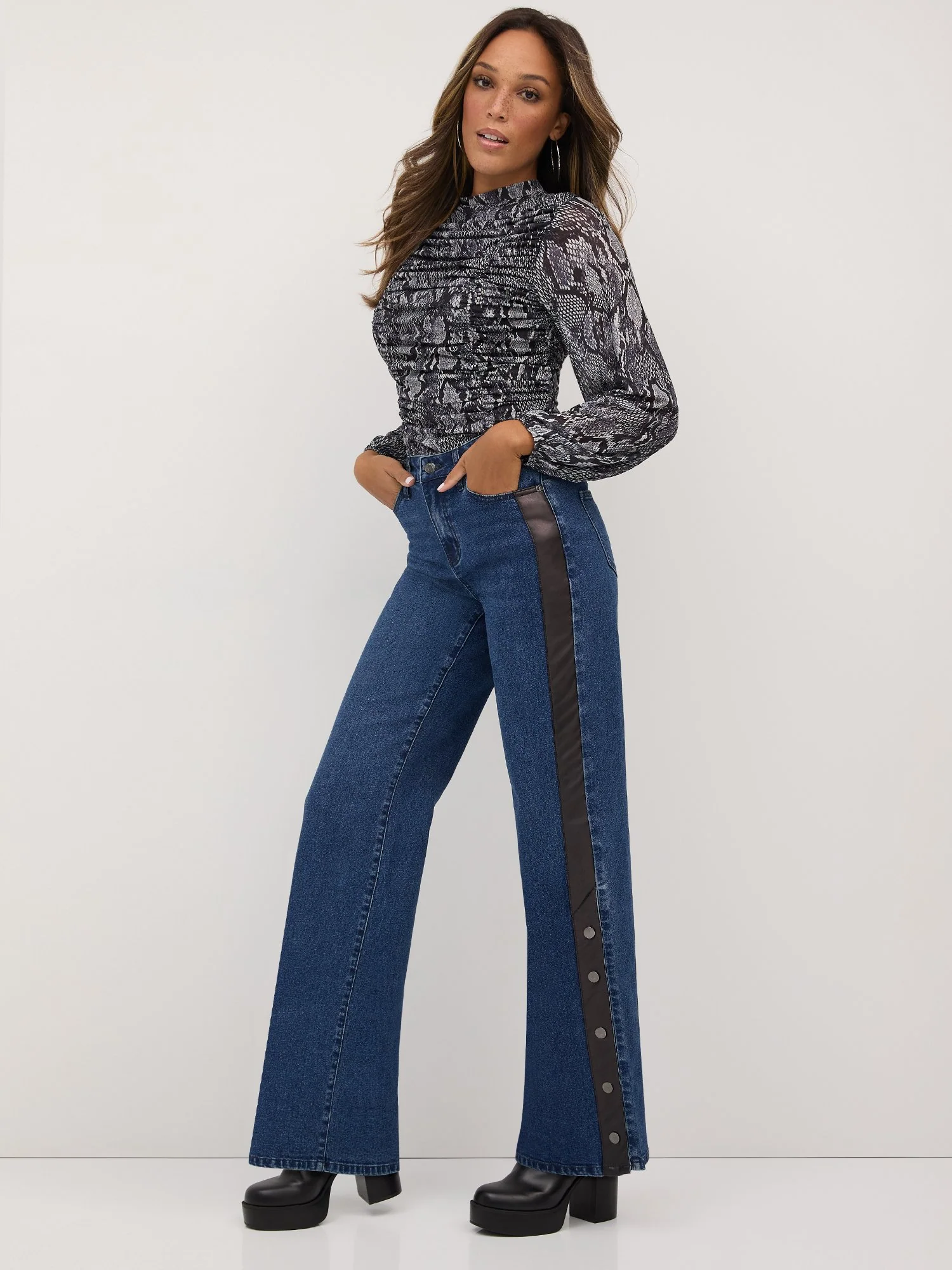 High-Waisted Faux-Leather Snap Wide-Leg Jeans - Dark Wash - Image 2