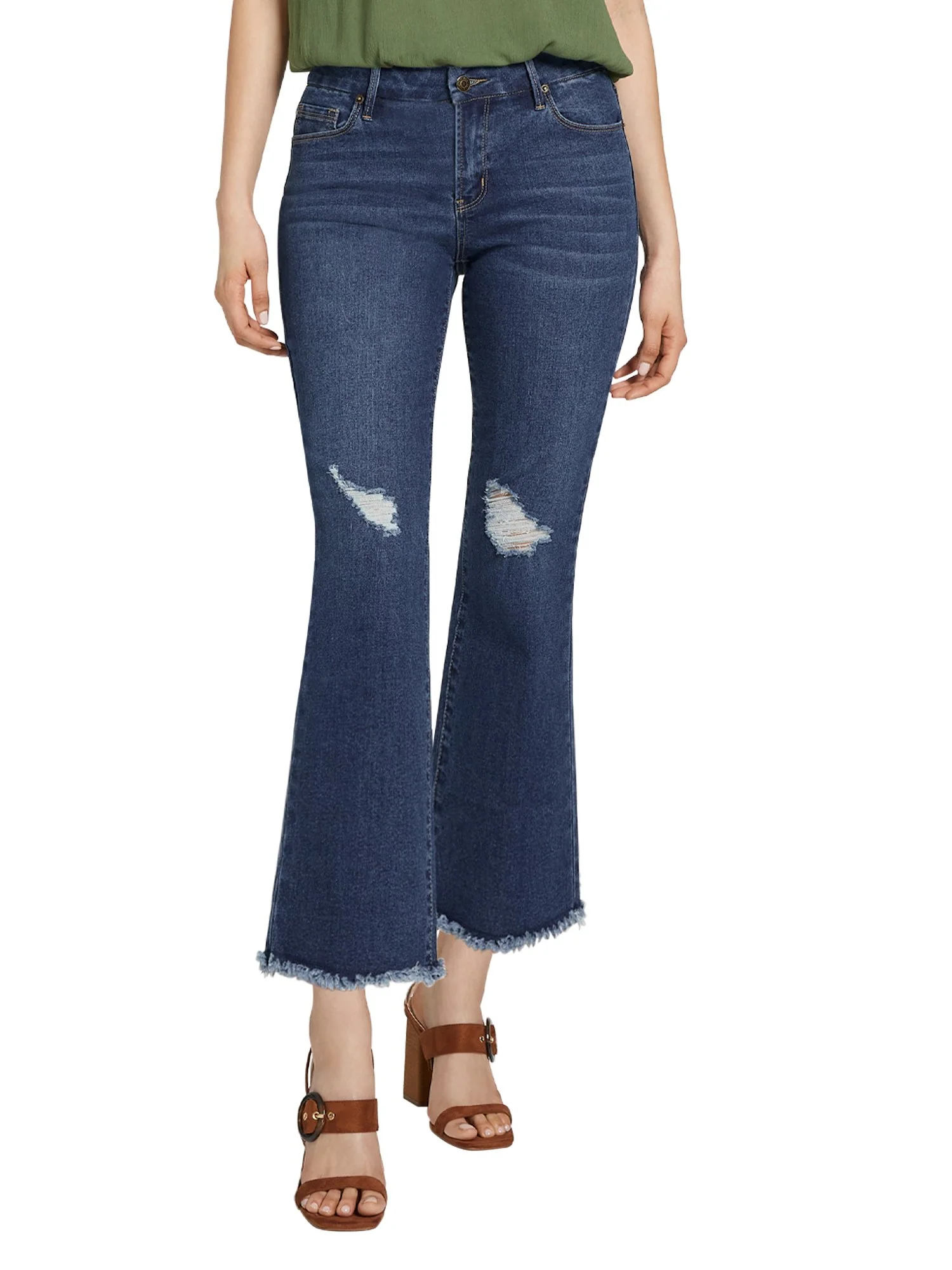 High-Waisted Flare Capri Jeans - Dark Blue Wash - Image 2