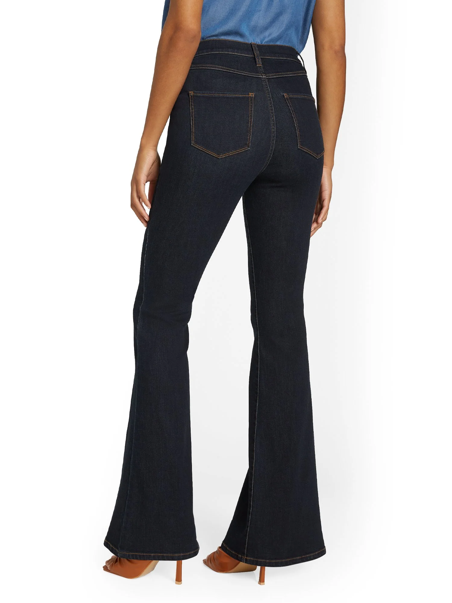 High-Waisted Flare Jeans - Dark Blue Wash - Image 3