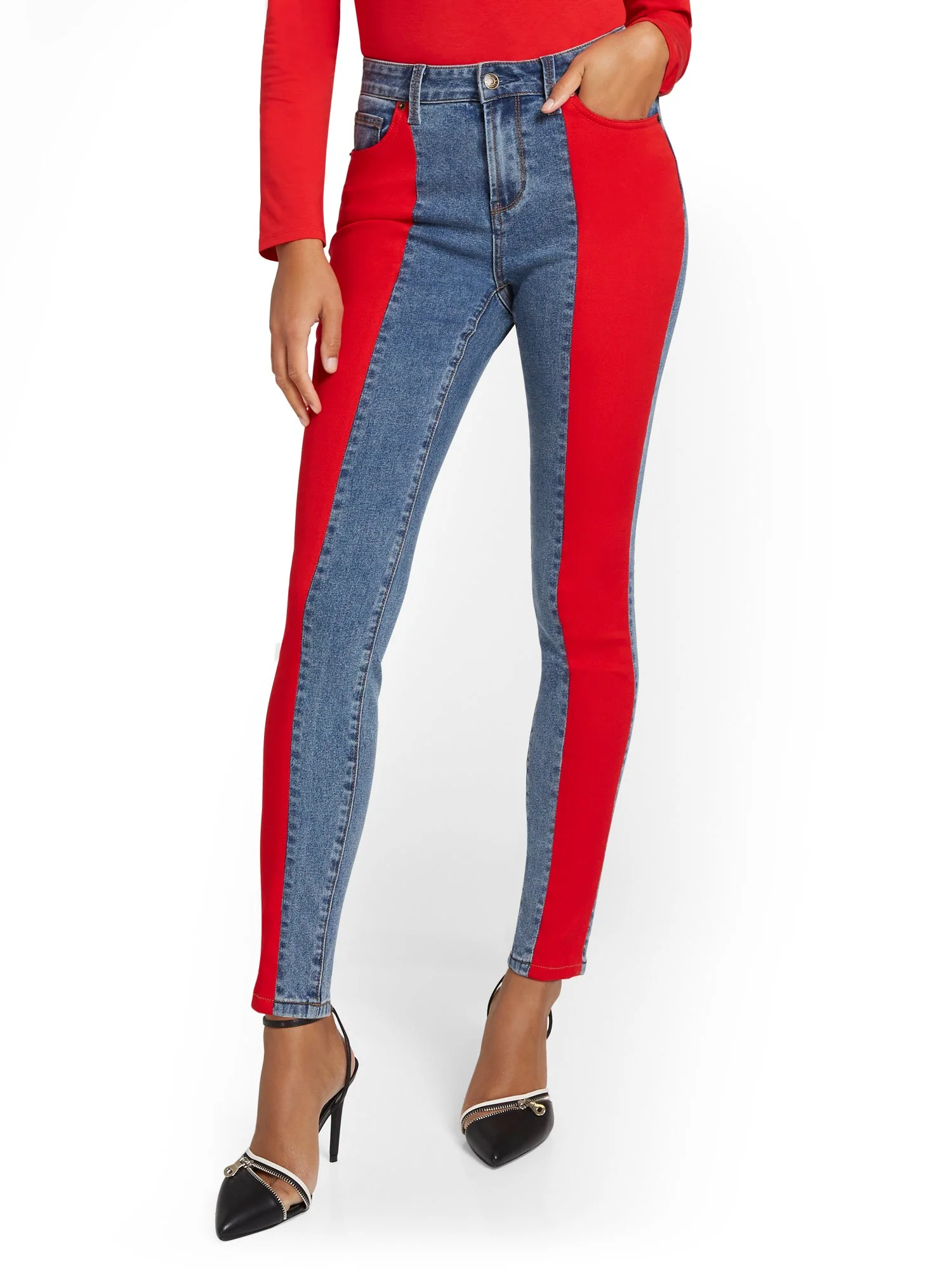 High-Waisted Red Colorblock Skinny Ankle Jeans