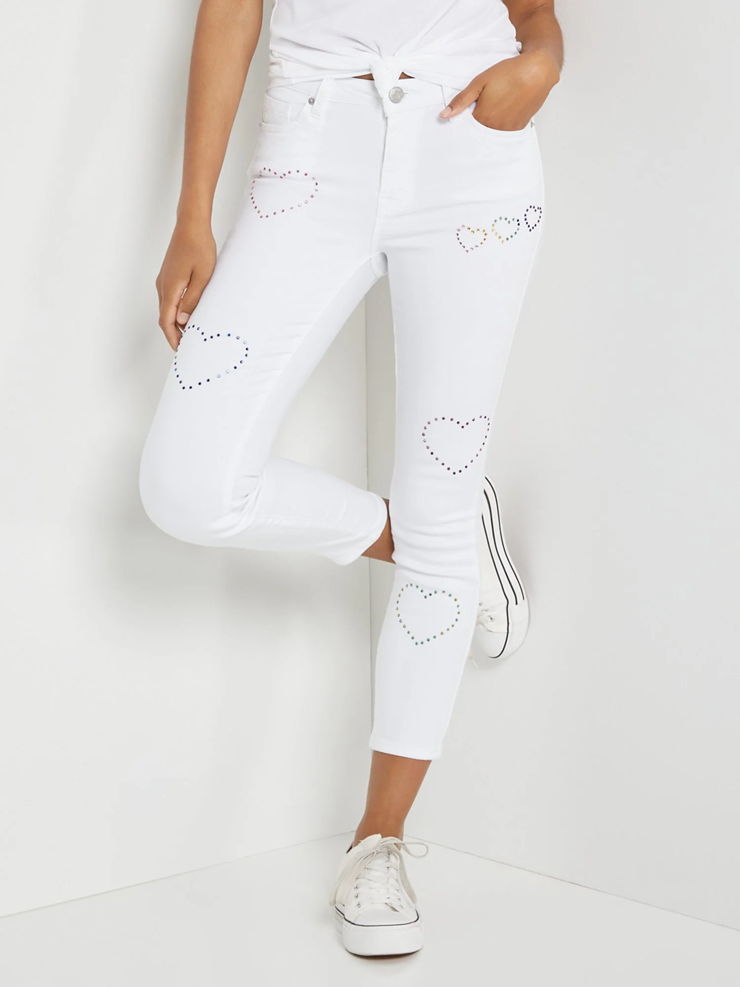 High-Waisted Rhinestone Heart Skinny Ankle Jeans