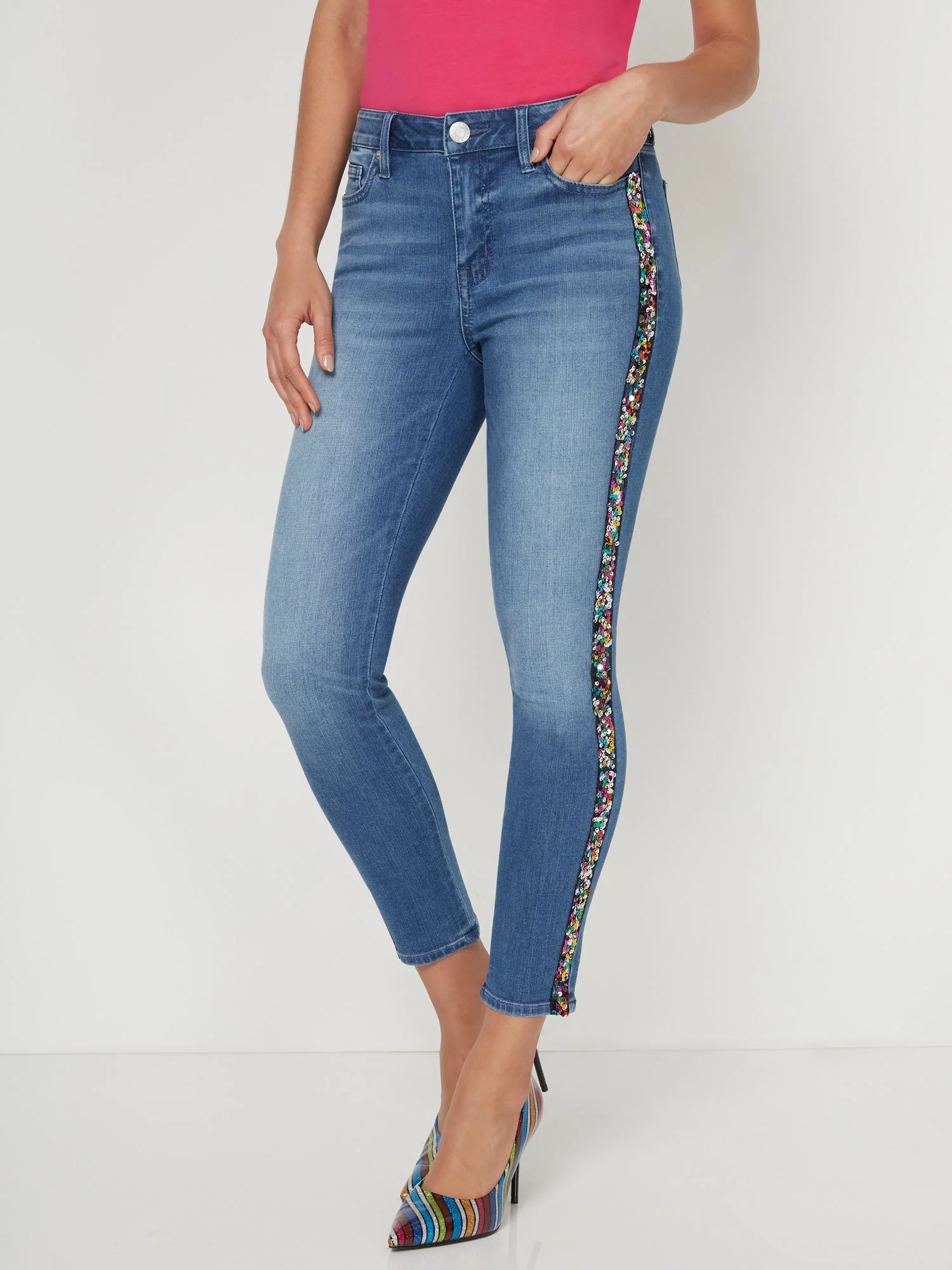High-Waisted Stripe Skinny Ankle Jeans - Image 6