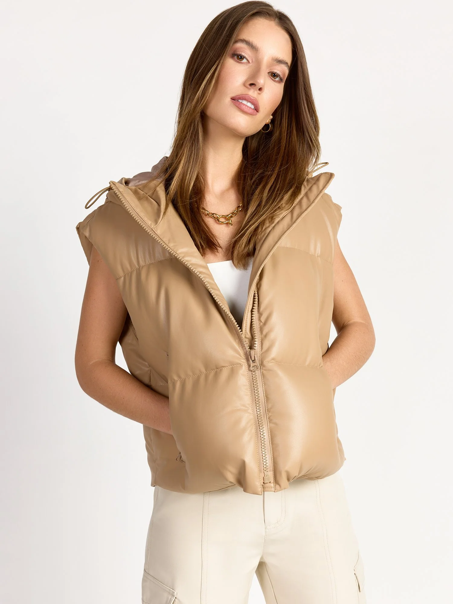 Hooded Faux Leather Crop Puffer Vest - Aaron & Amber - Image 9