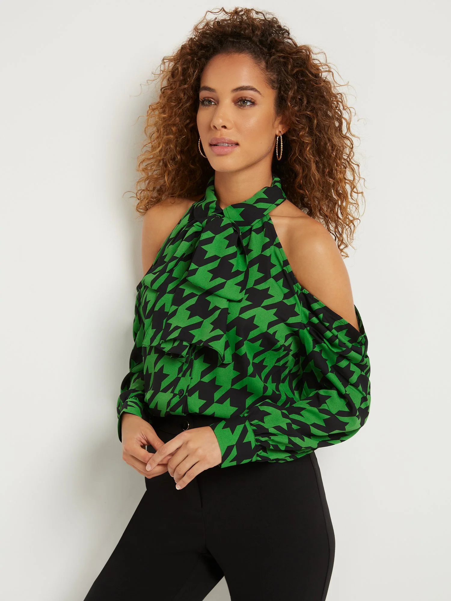 Houndstooth Cold-Shoulder Bow-Neck Blouse - Image 2