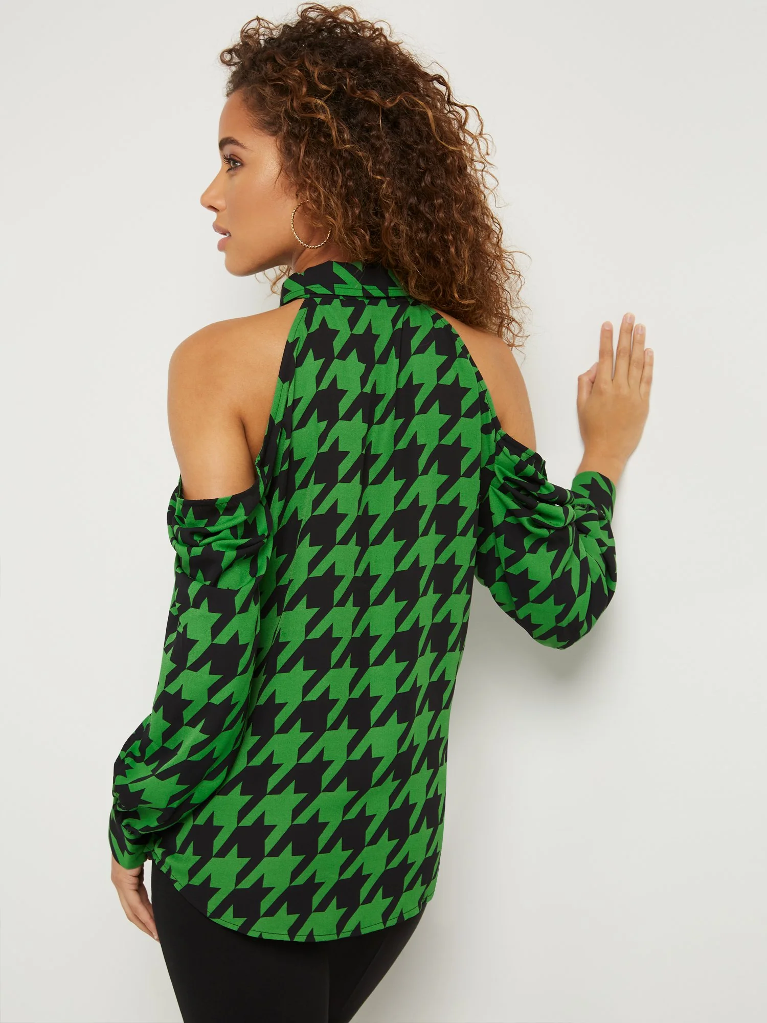Houndstooth Cold-Shoulder Bow-Neck Blouse - Image 3