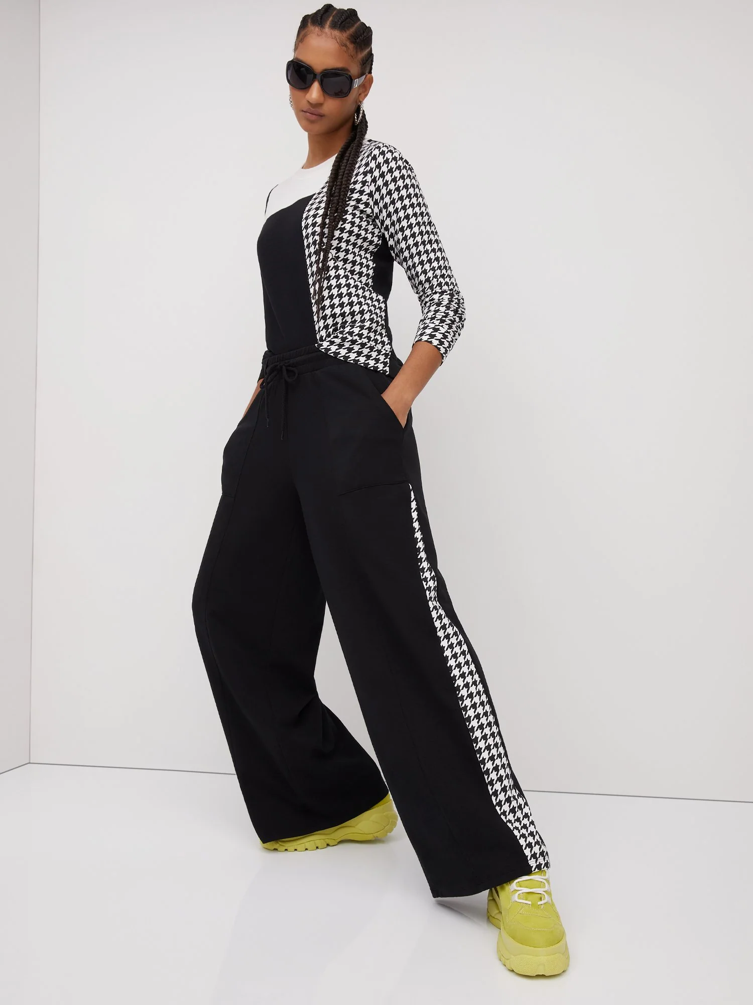 Houndstooth French Terry Side-Stripe Wide-Leg Pant