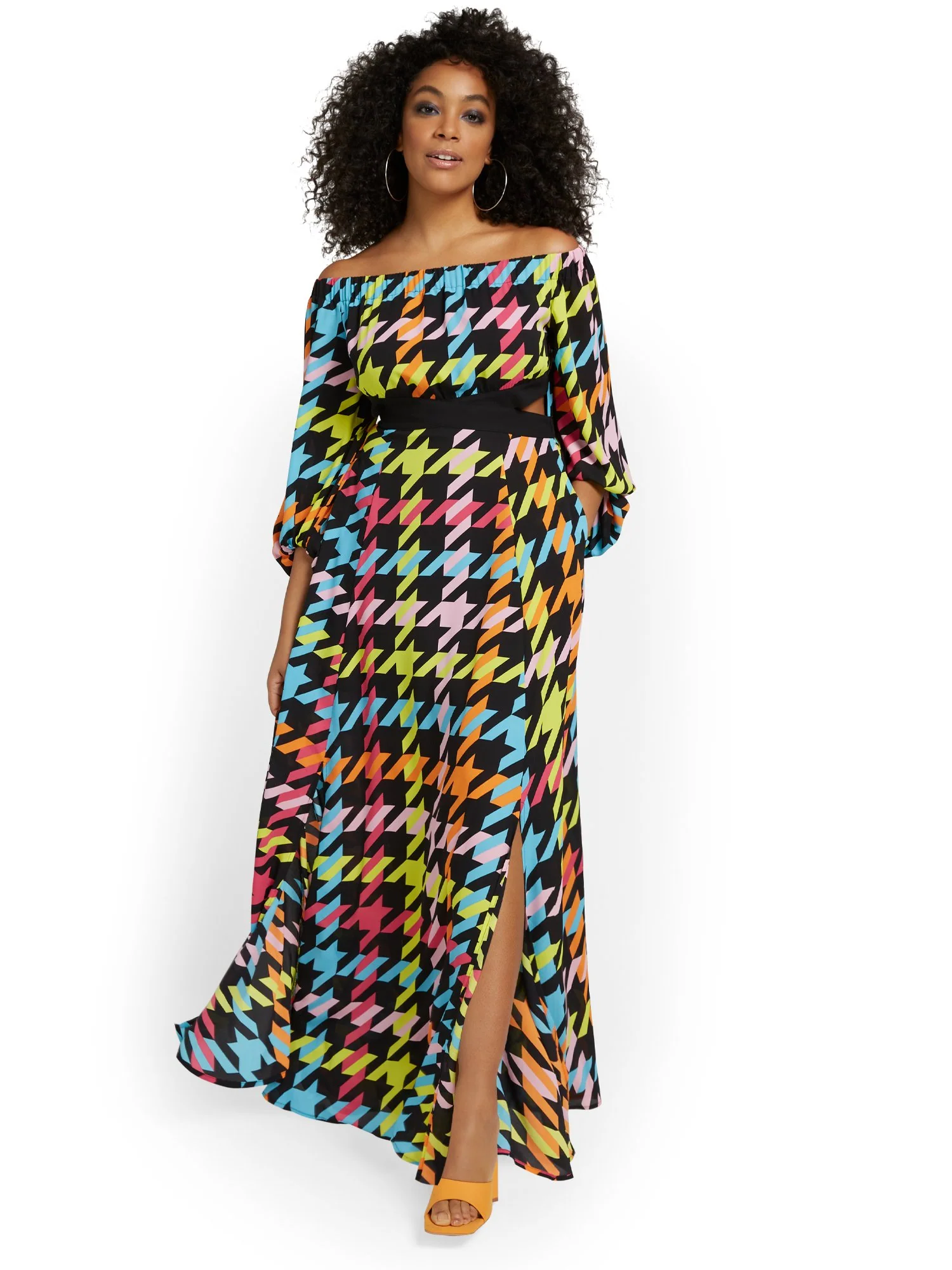 Houndstooth Off-The-Shoulder Cut-Out Maxi Dress