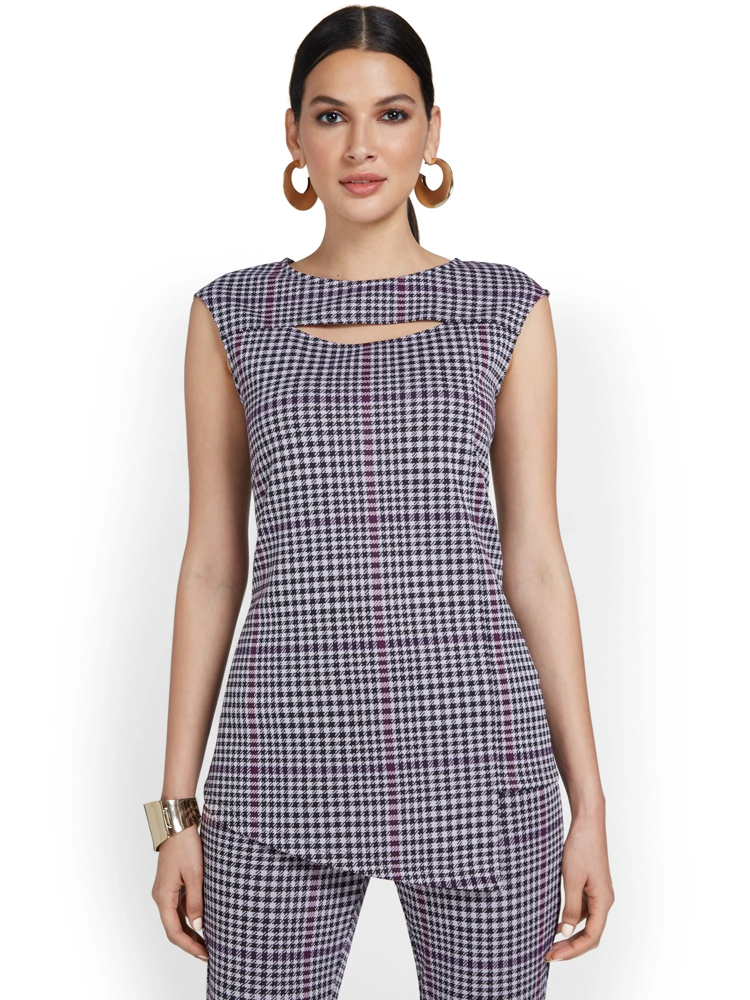 Houndstooth-Print Asymmetric-Hem Top - Image 2