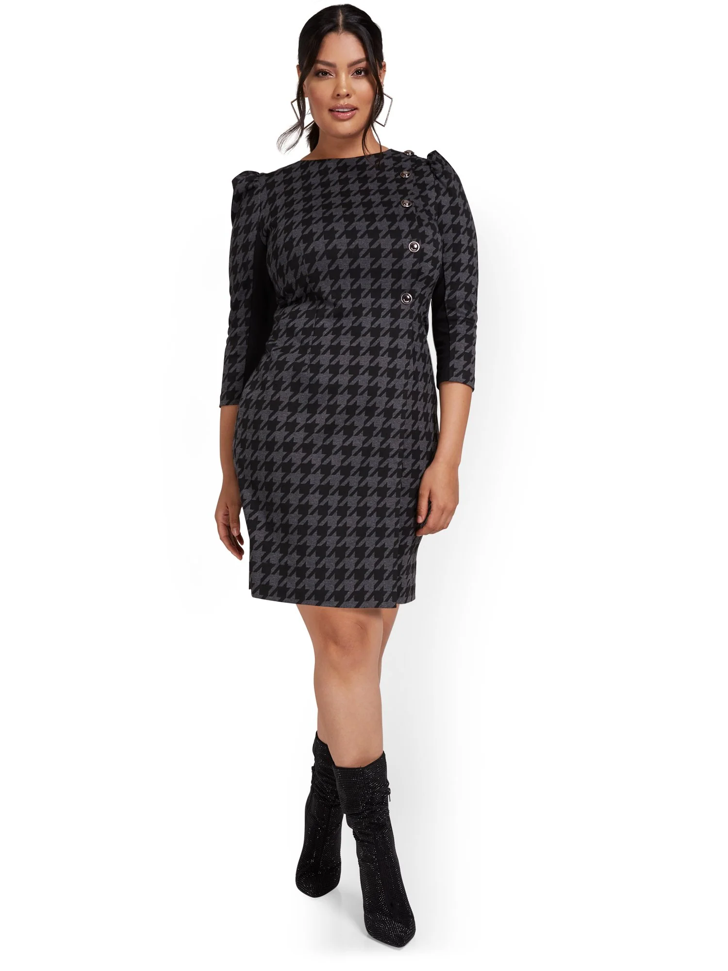 Houndstooth Puff-Sleeve Sheath Dress - Image 2
